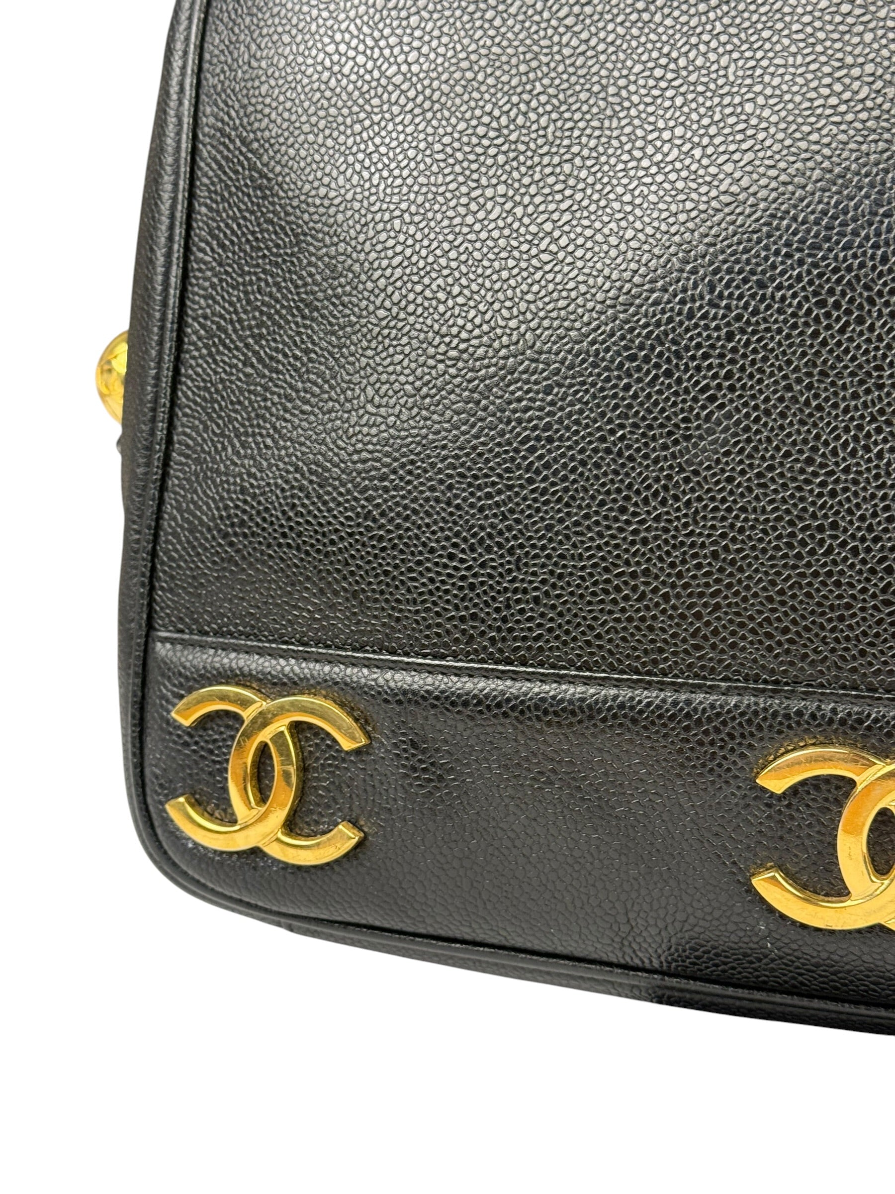 Chanel Vintage Black Caviar Leather Triple CC Chain Tote Bag