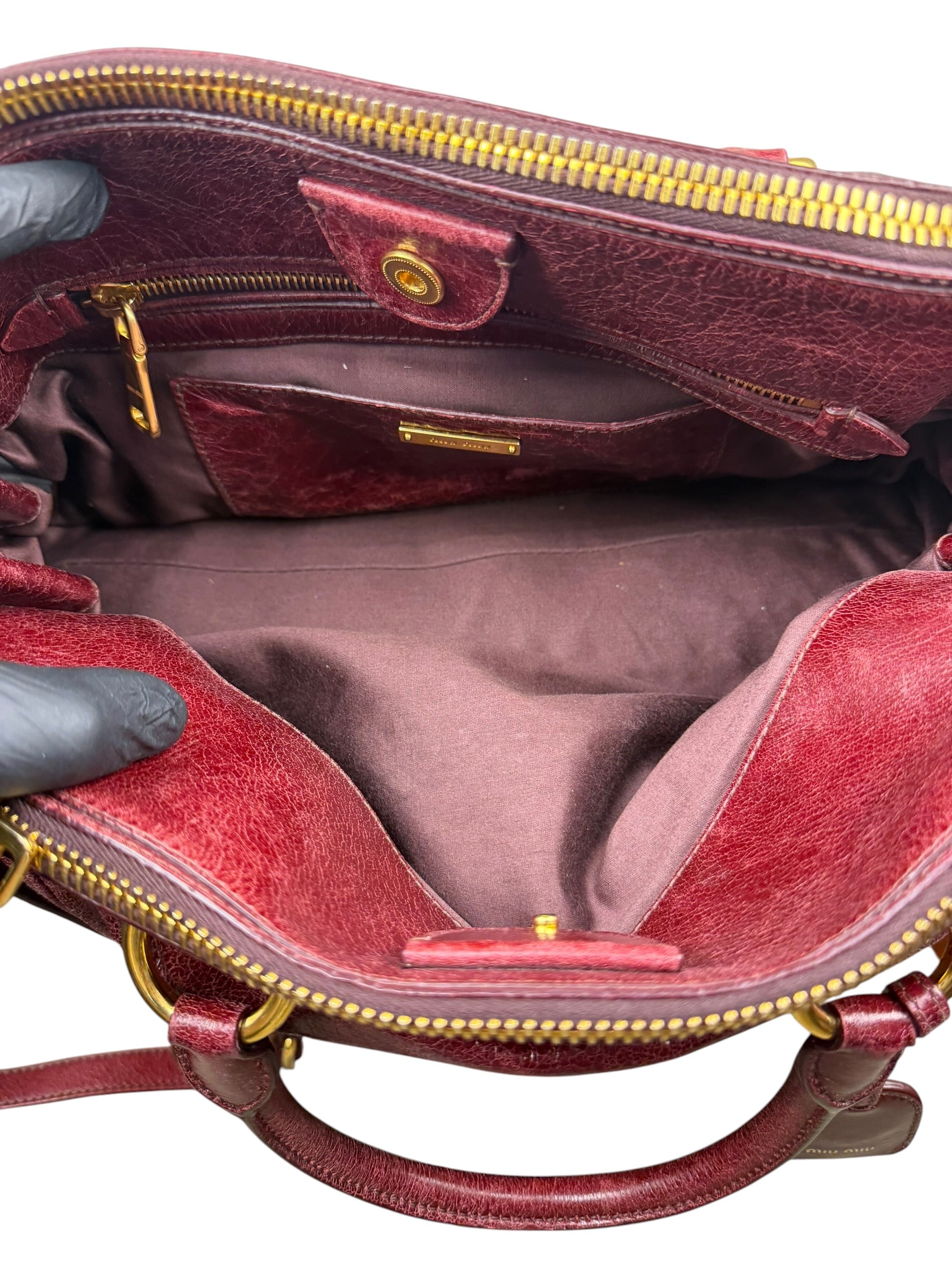 Miu Miu Amaranth Vitello Shine Leather Double Zip 2Way Handbag