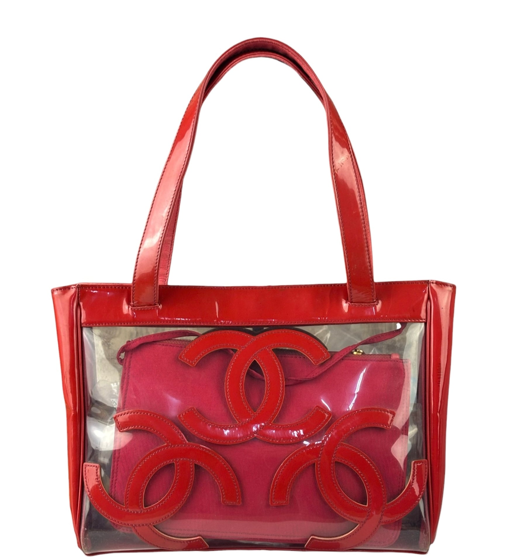 Chanel Red Triple C PVC Tote Bag w/ Pouch 2004