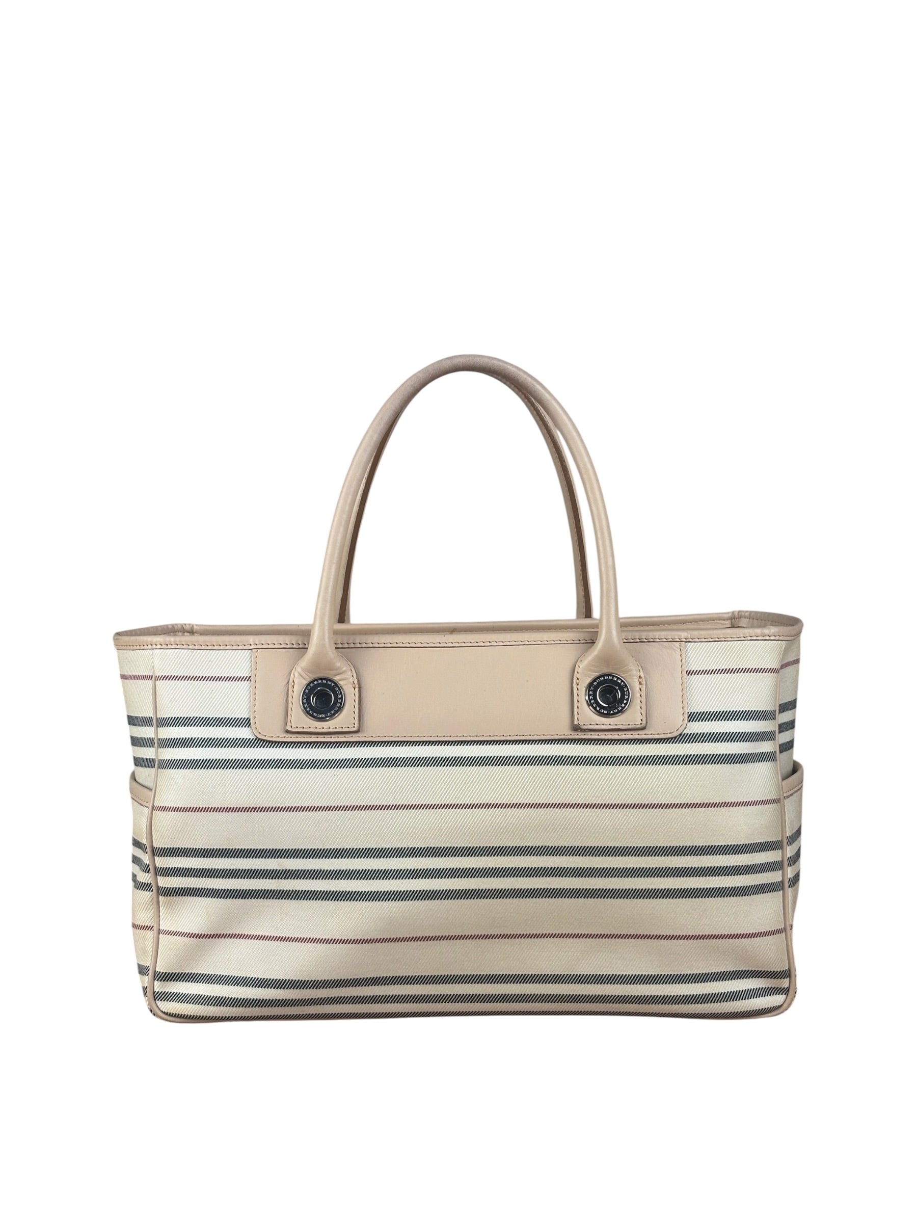 Burberry Multi-Color Leather Trim Striped Canvas Tote Bag