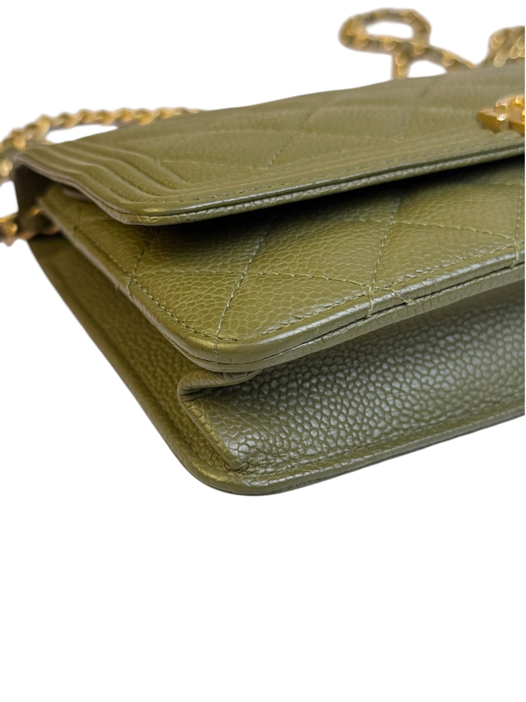 Chanel Olive Green Quilted Caviar Boy Flap Wallet On Chain 2017