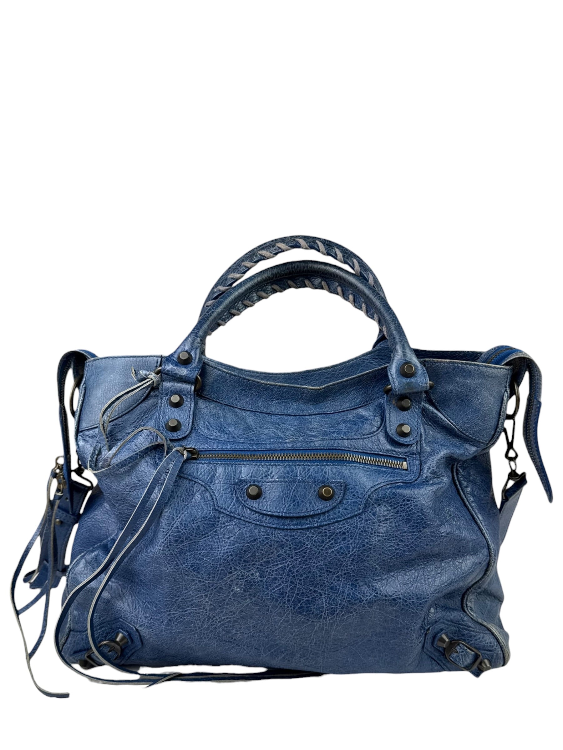 Balenciaga Navy Leather Moto Work Two-Way Bag
