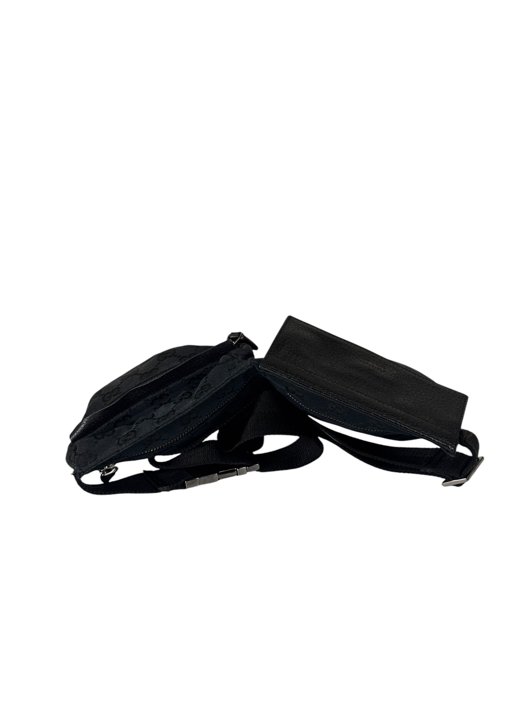 Gucci Black Leather Trim GG Double Pocket Bel Bag