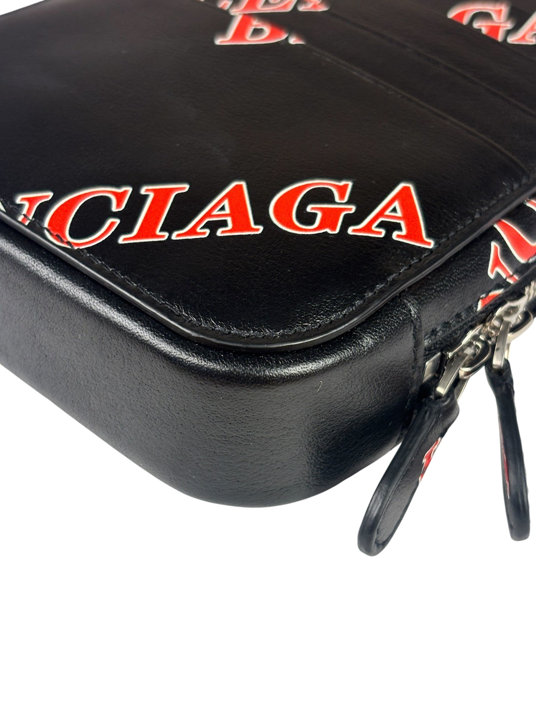 Balenciaga Black Leather Logo Print Phone/Card Holder