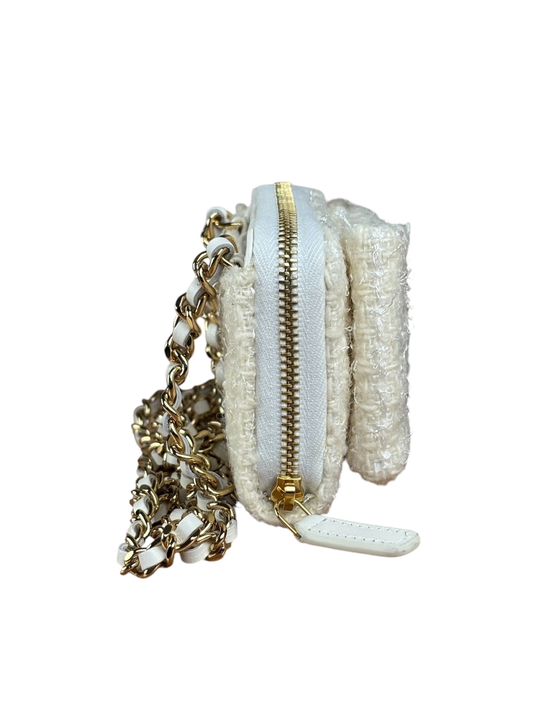 Chanel White Tweed Quilted Bow Wallet On Chain