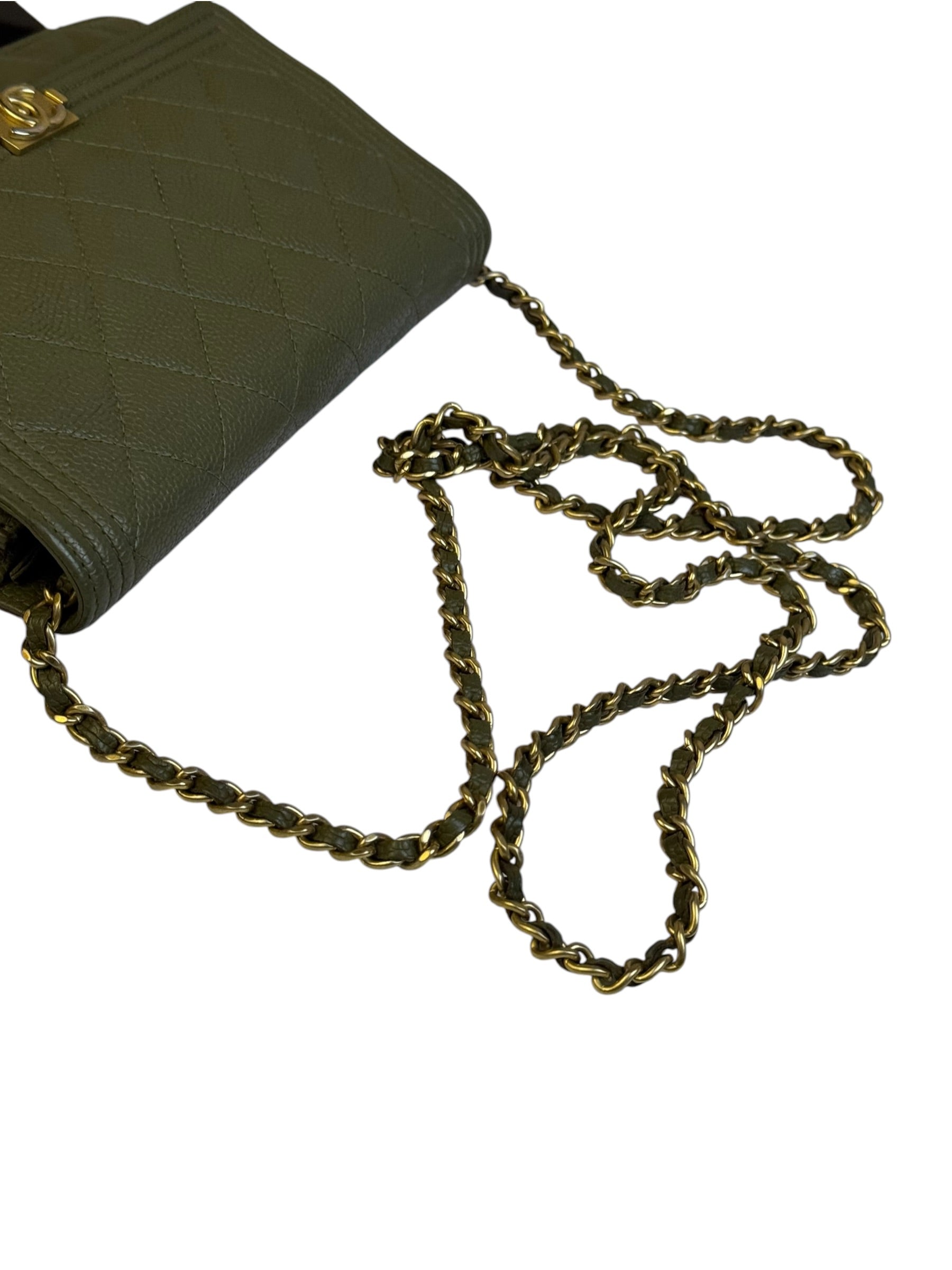 Chanel Olive Green Quilted Caviar Boy Flap Wallet On Chain 2017