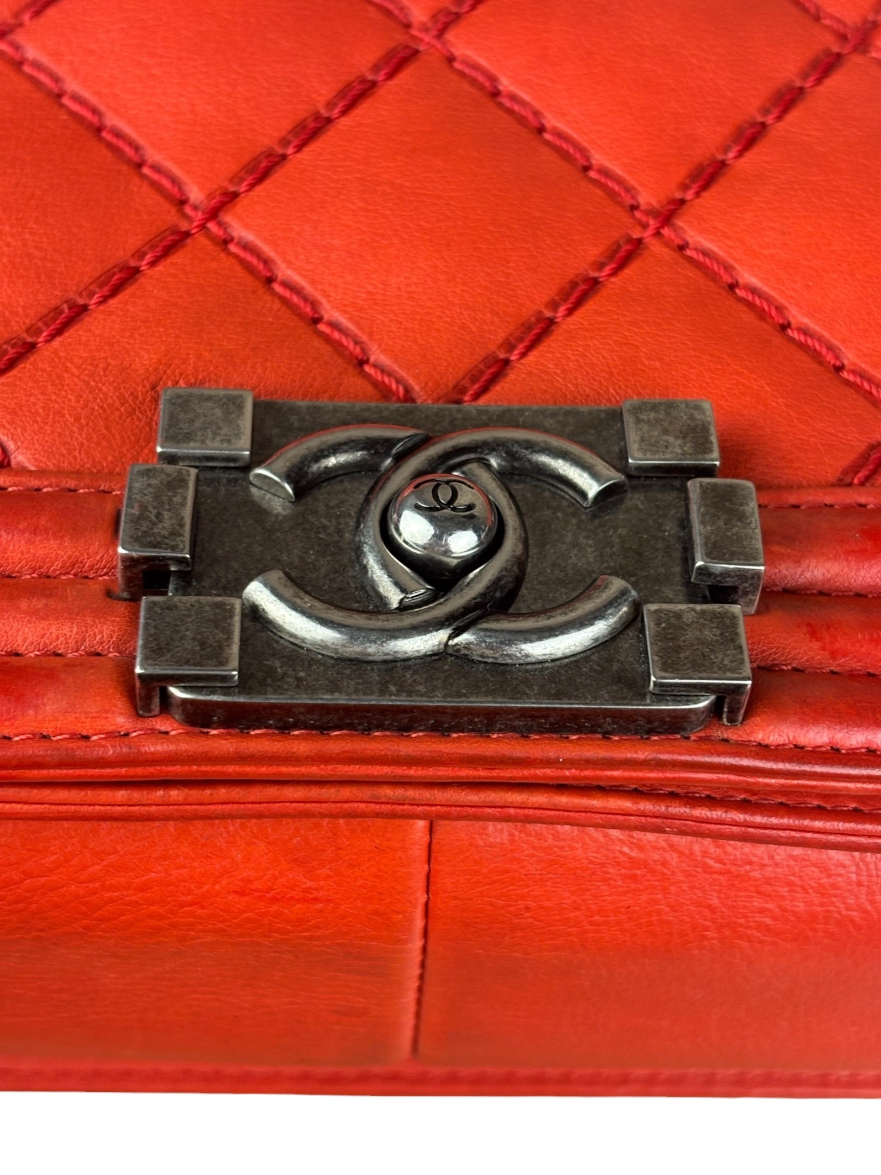 Chanel Red Quilted Double Stitch Boy Bag 2014