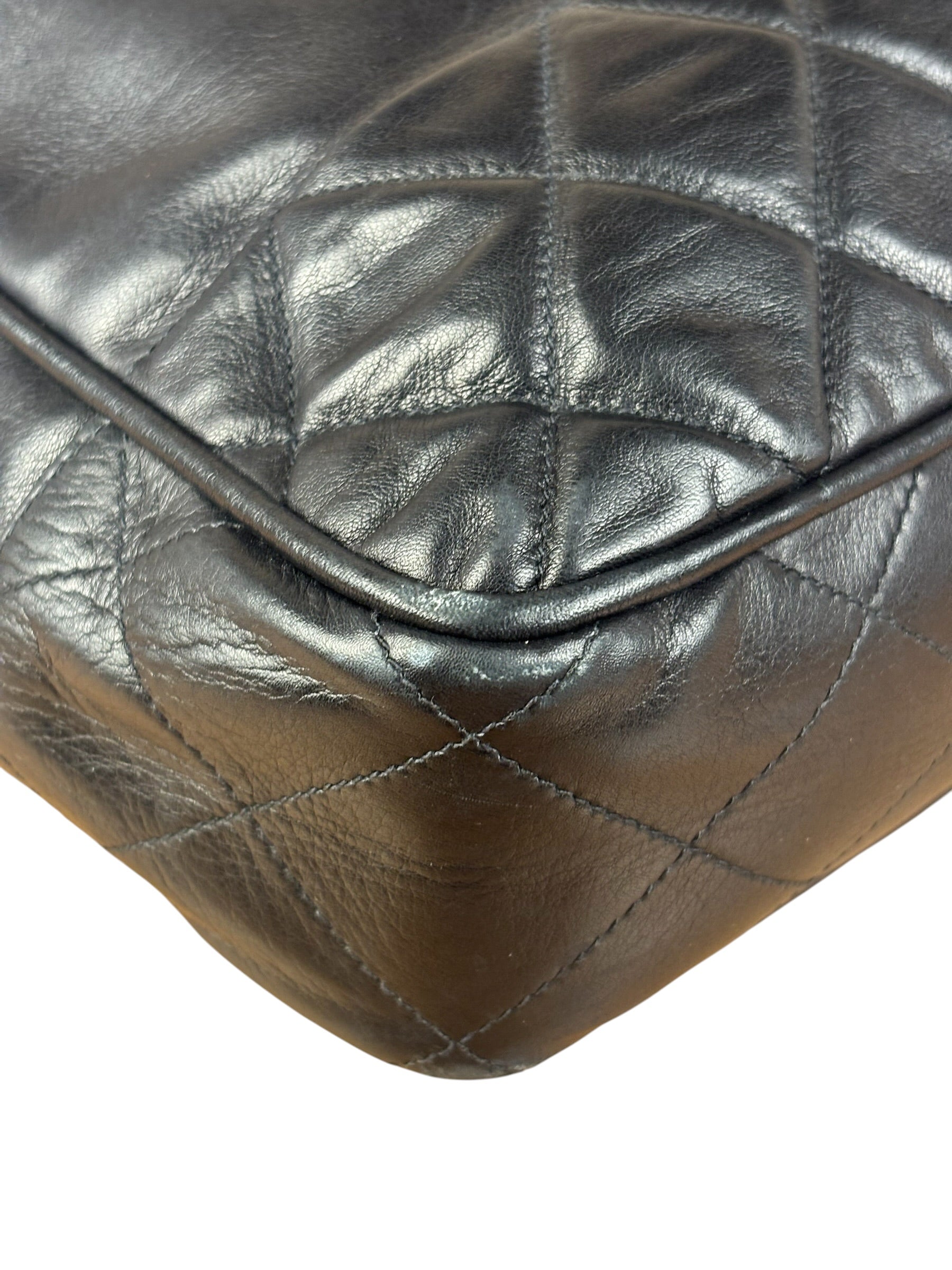 Chanel Vintage Black Leather Quilted Bottom Chain Tote Bag 1987