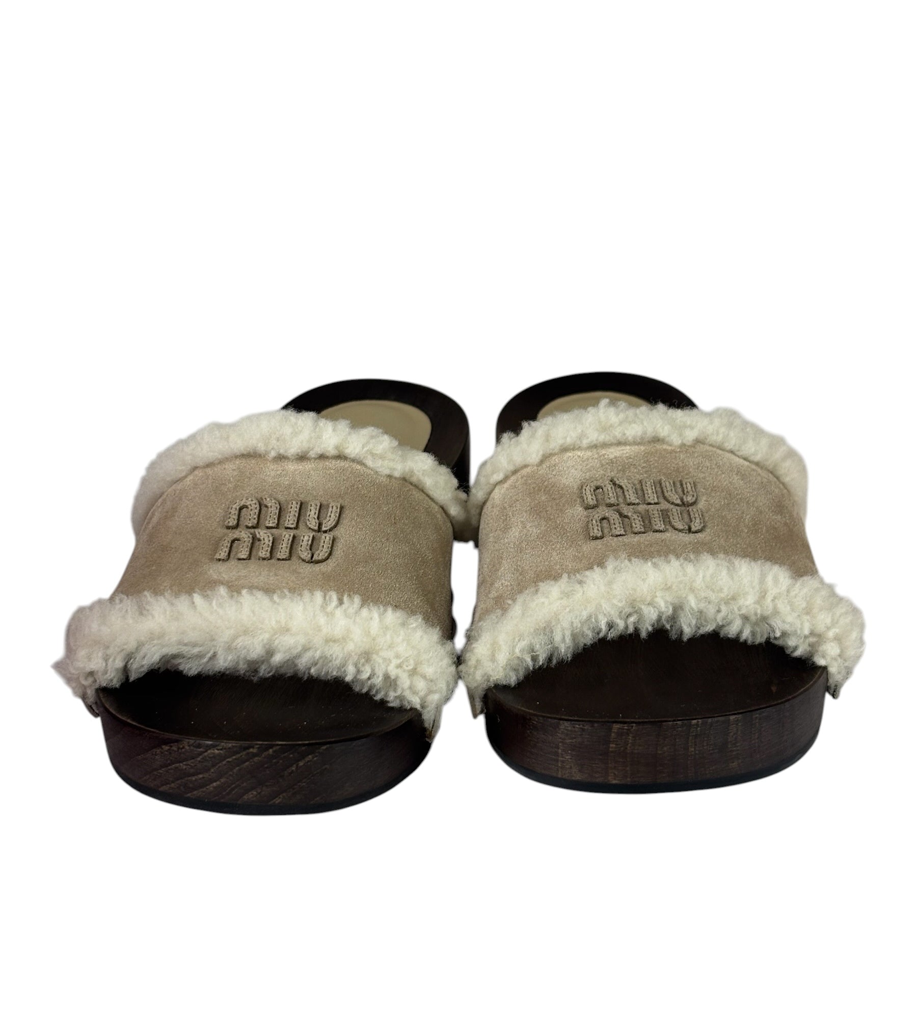 Miu Miu Suede Lining Dyed Sheep Fur Wooden Sandals