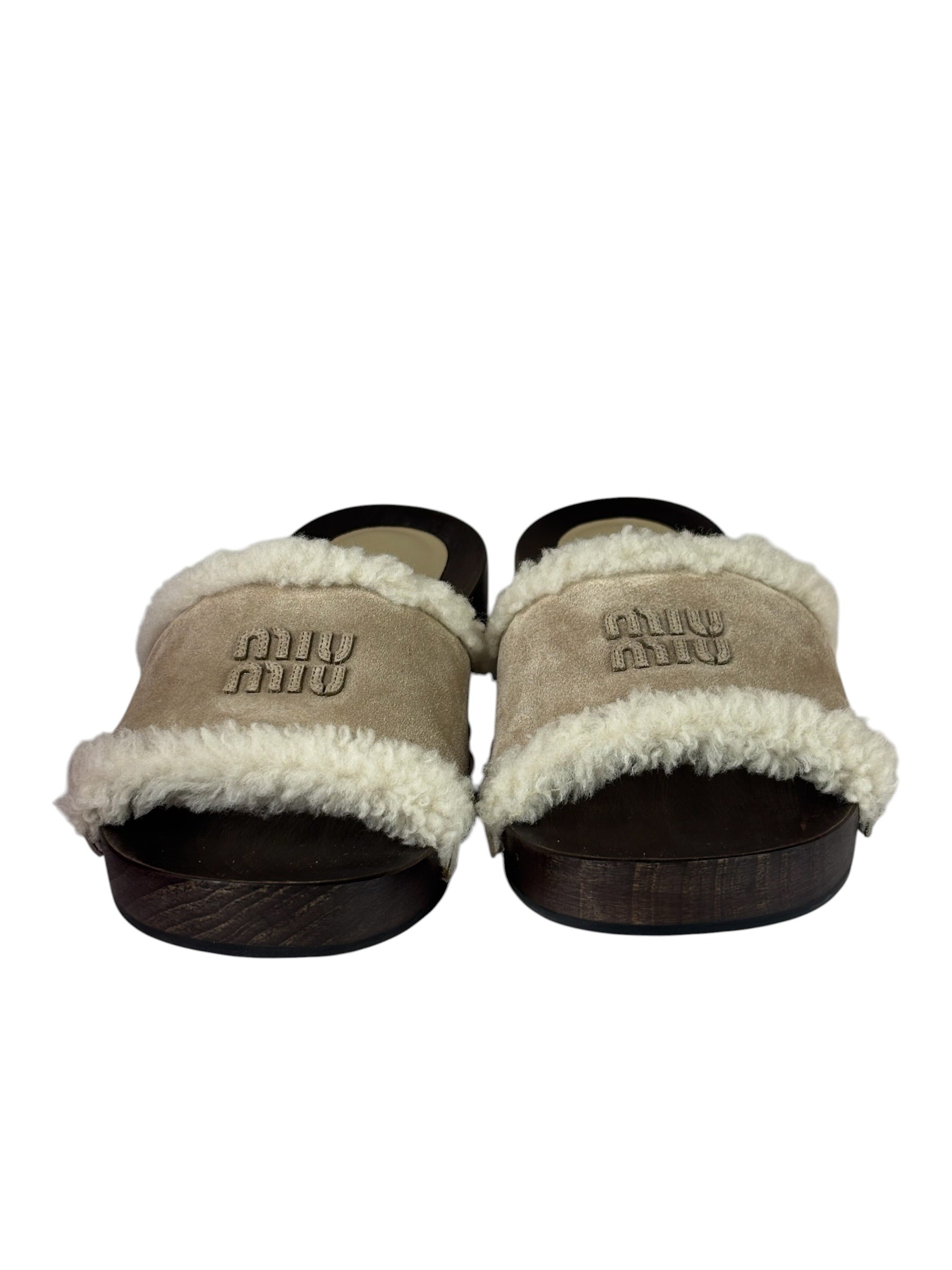 Miu Miu Suede Lining Dyed Sheep Fur Wooden Sandals
