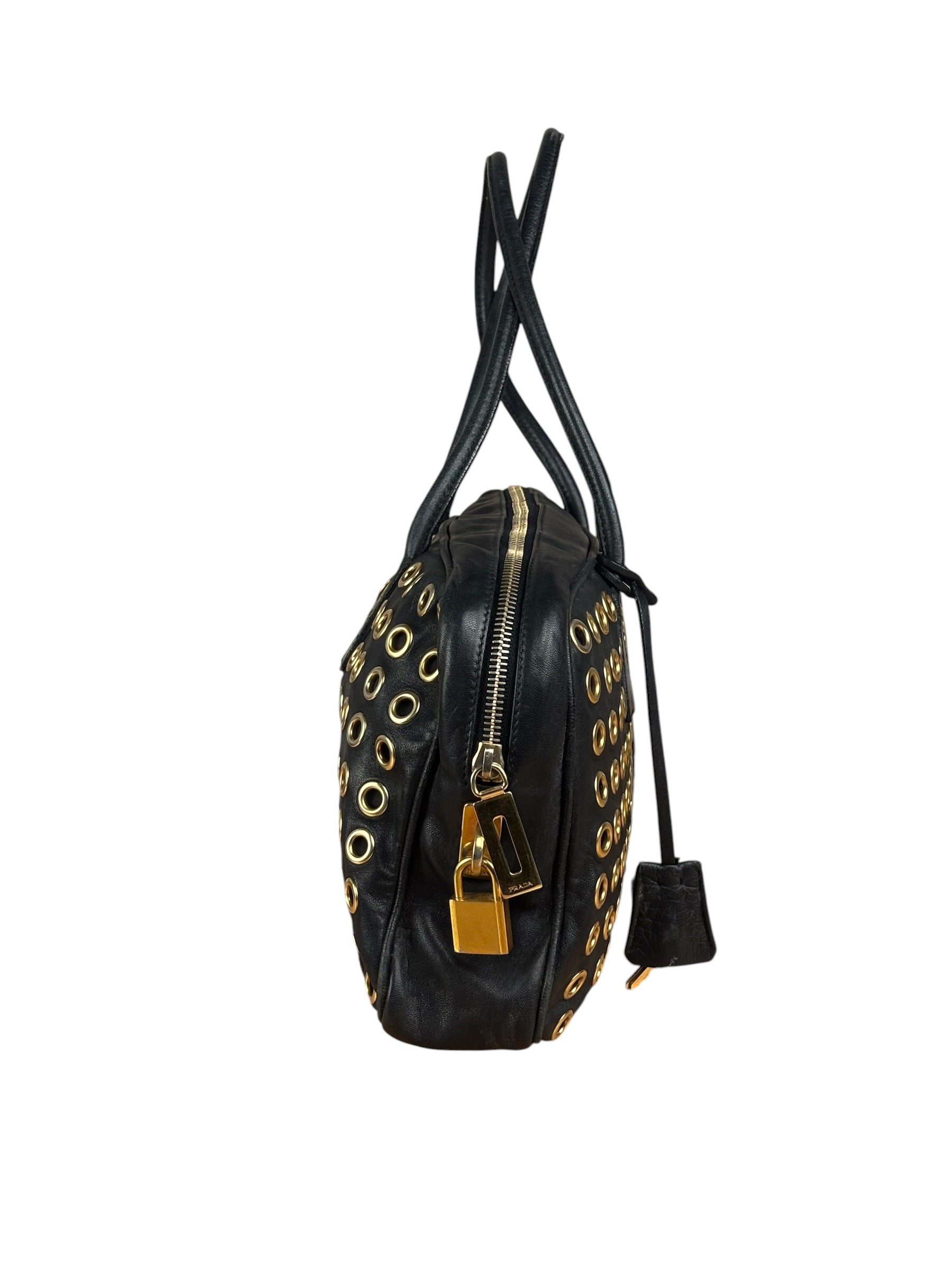 Prada Vintage Black Leather Nappa Metal Grommet Bauletto Handbag
