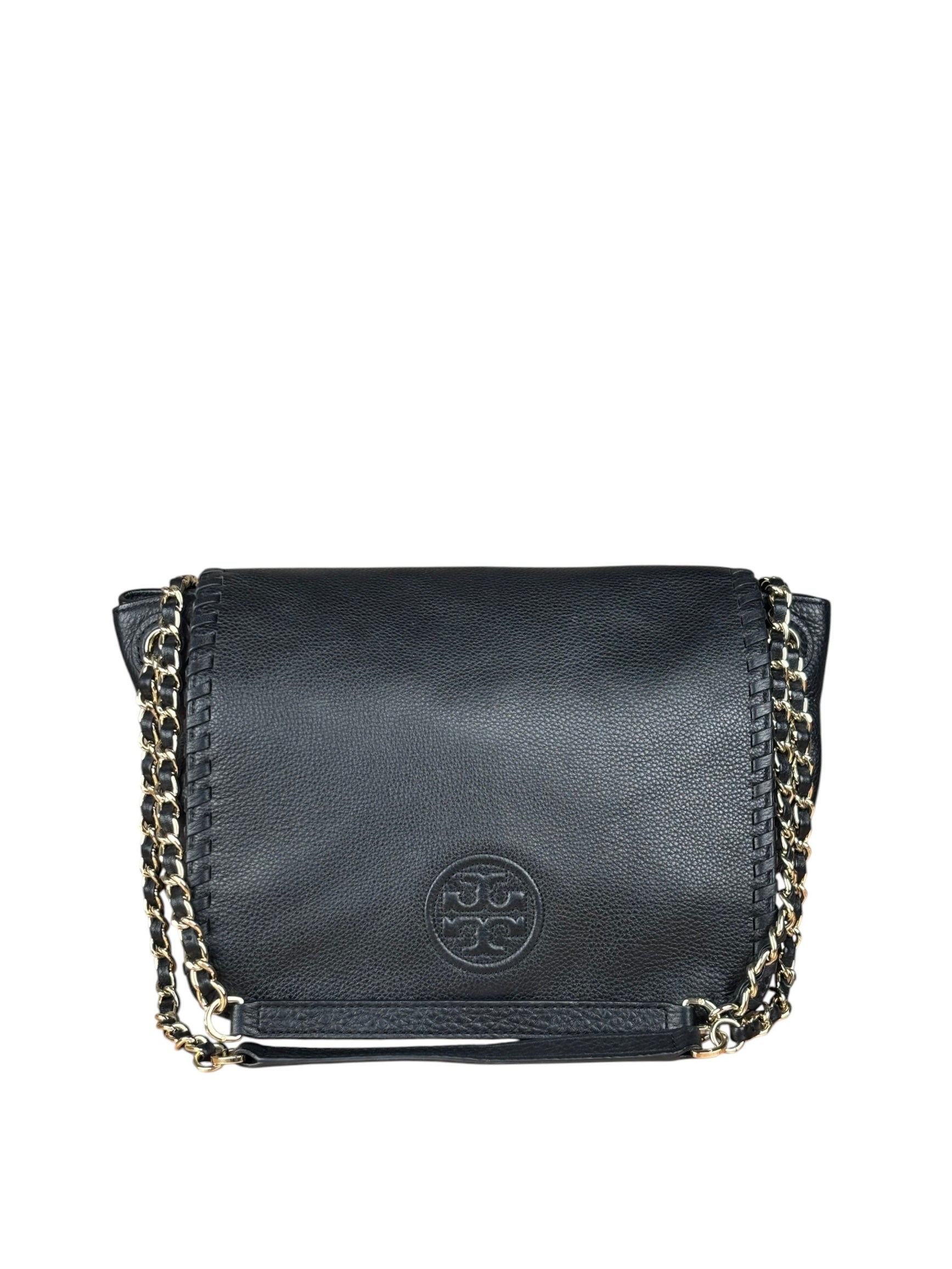 Tory Burch Black Marion Whipstitch Flap Shoulder Bag