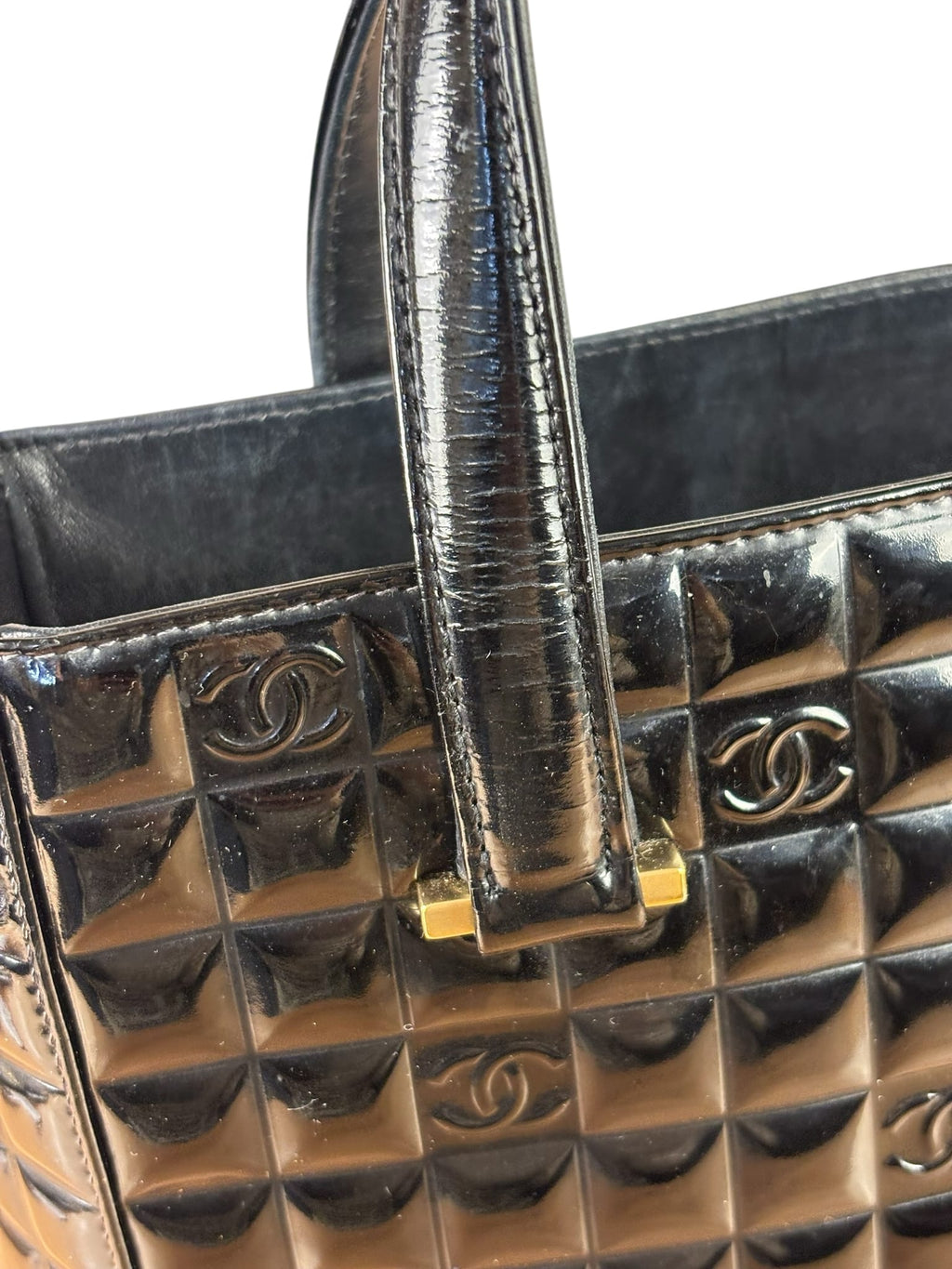 Chanel Black Patent Leather Chocolate Bar Tote Early 2000's