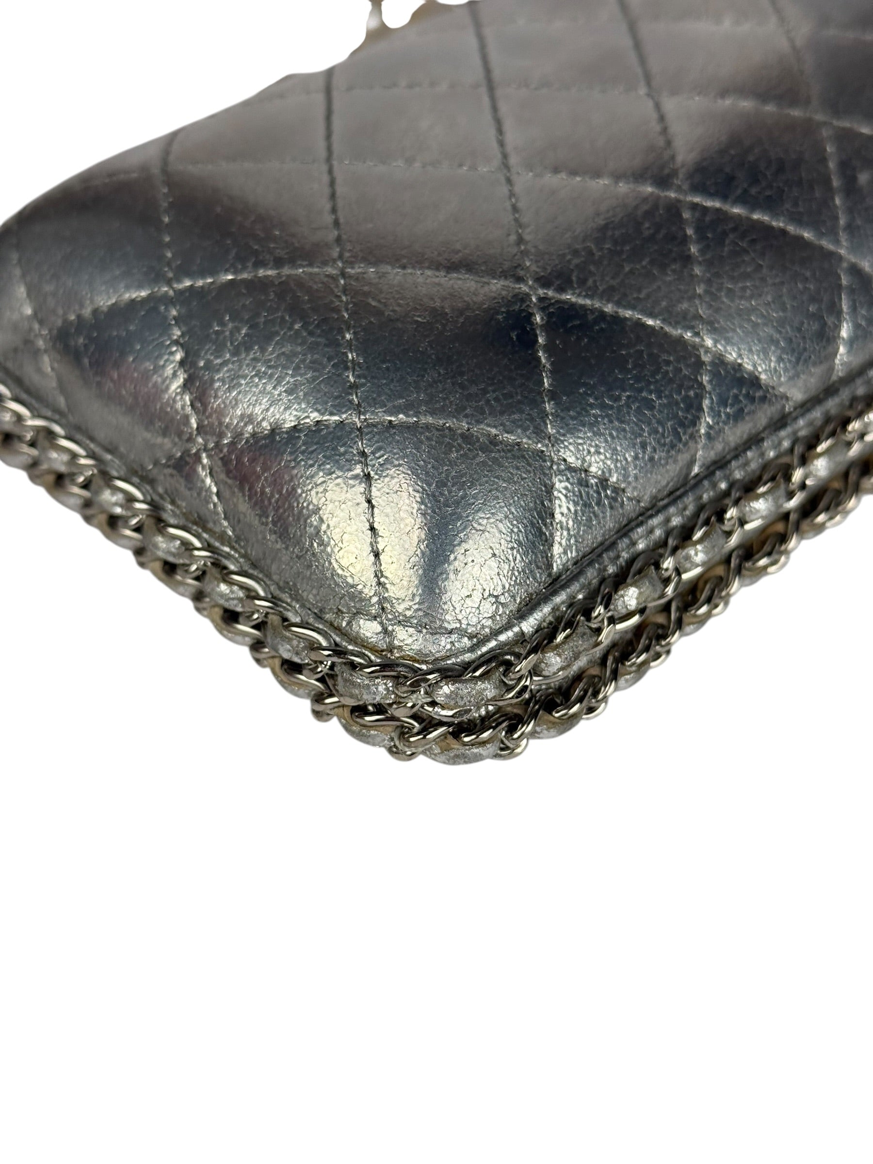 Chanel Metallic Silver Quilted Chain Around Clutch Shoulder Bag 2011