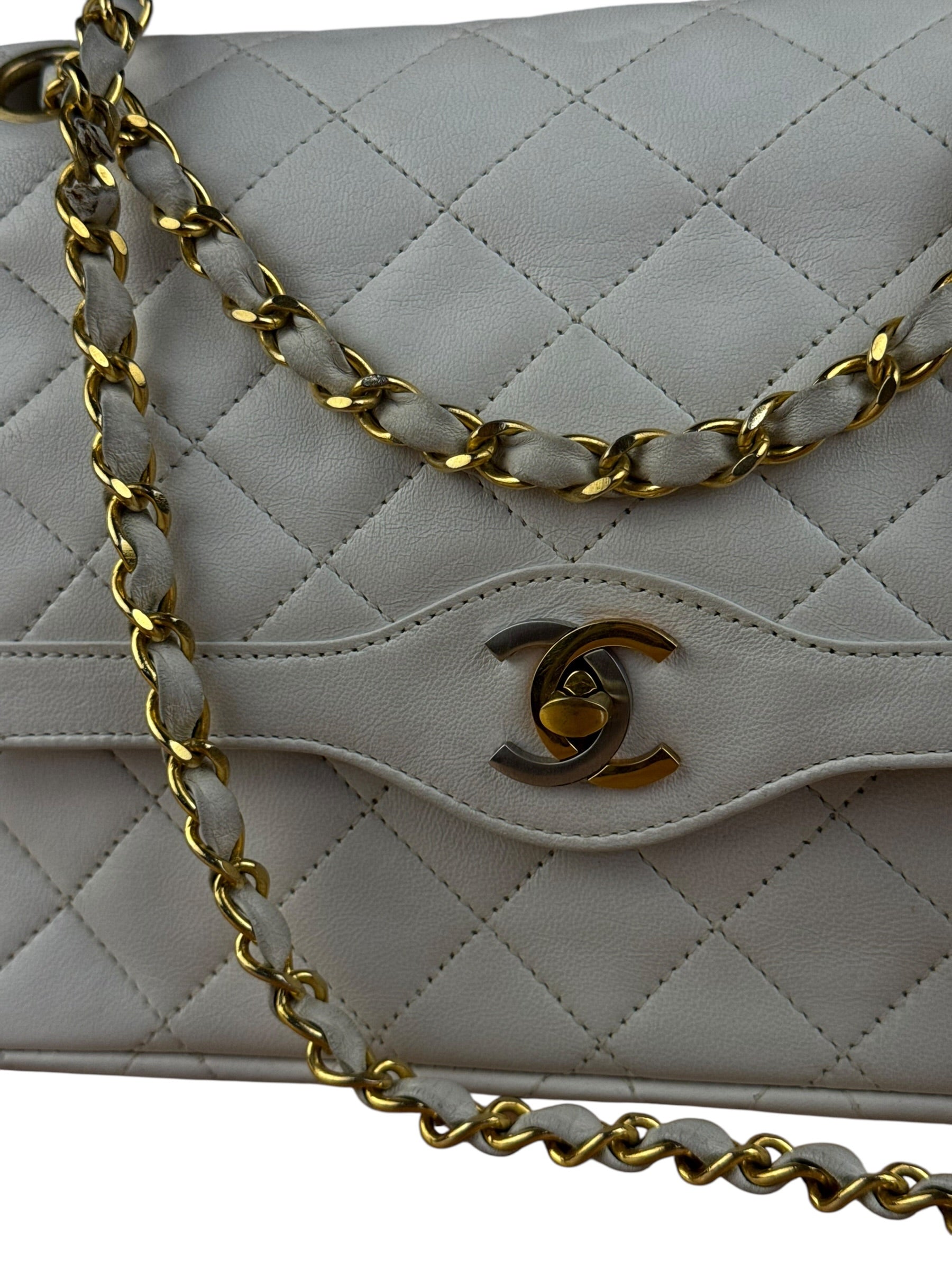 Chanel CC White Quilted Double Flap Bag 1988