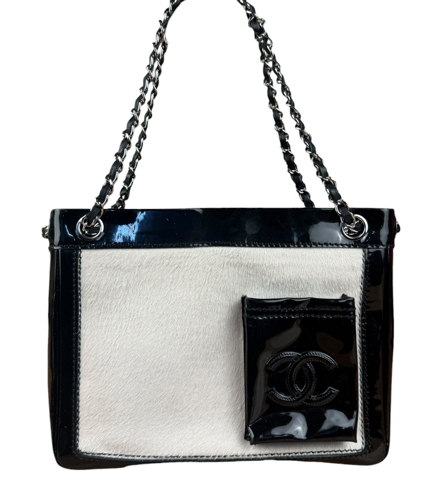 Chanel Vintage Black Patent Pony Hair Chain Pocket Tote 2005