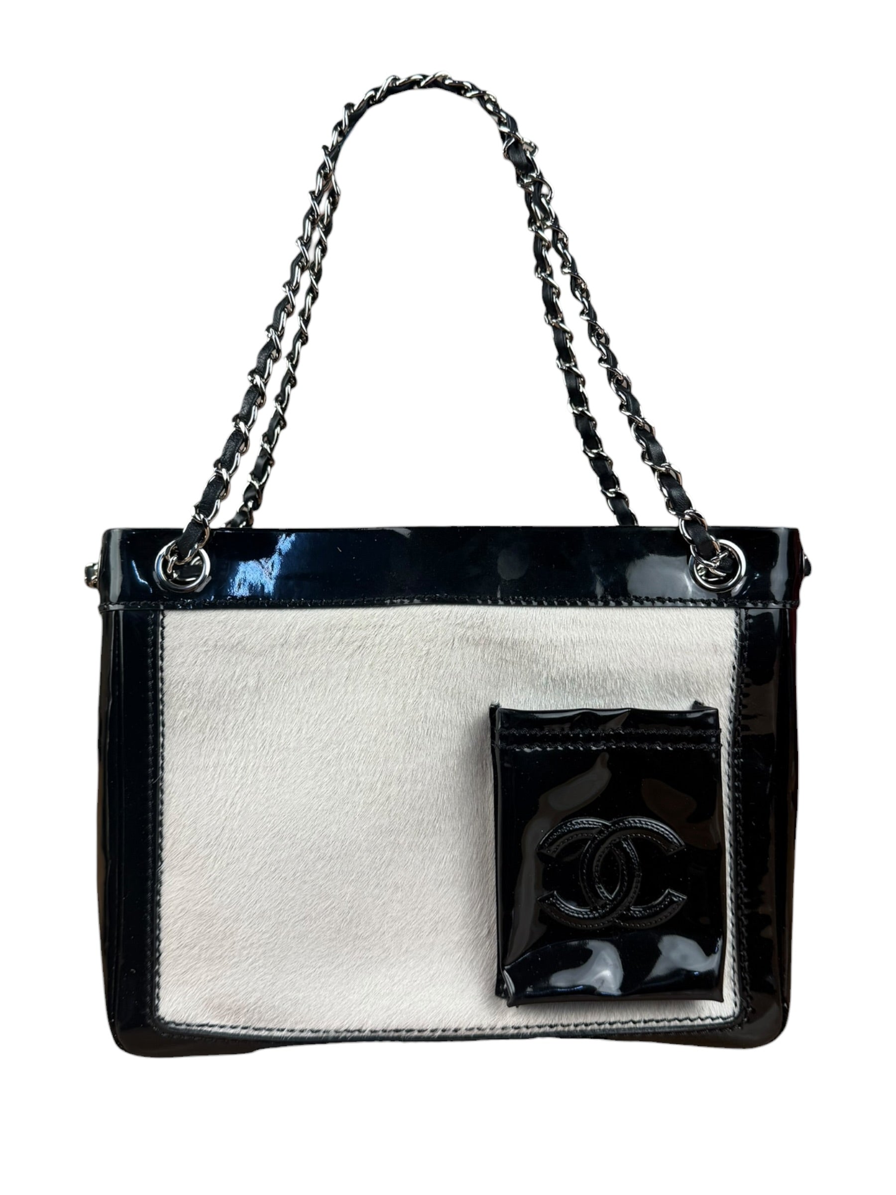 Chanel Vintage Black Patent Pony Hair Chain Pocket Tote 2005
