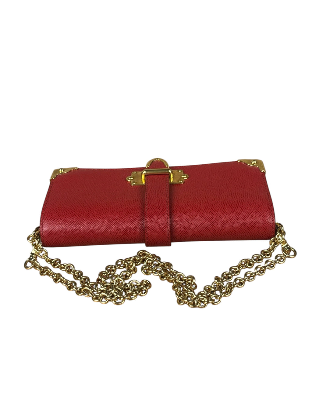 Prada Red Saffiano Leather Flap Wallet On Chain