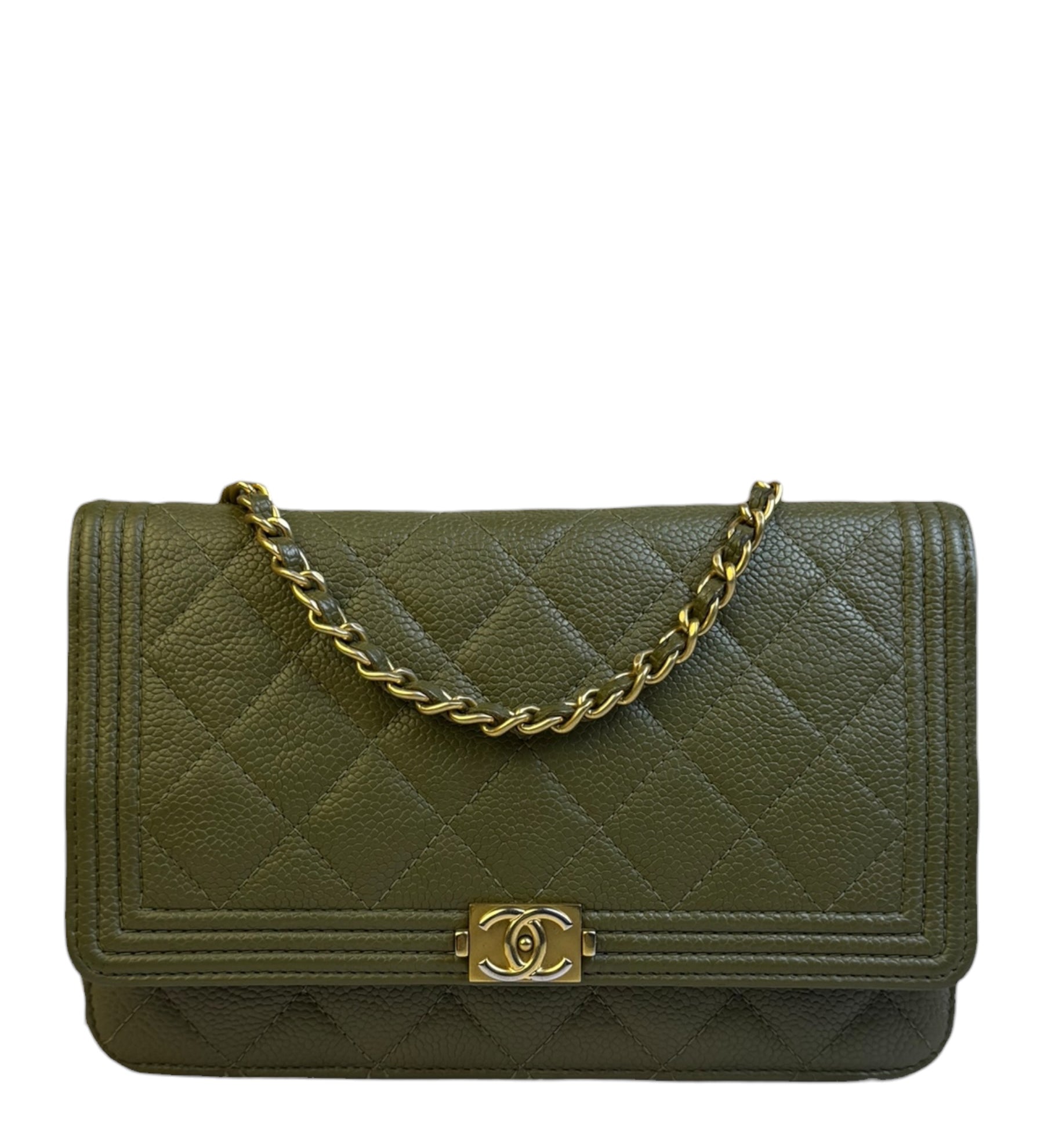 Chanel Olive Green Quilted Caviar Boy Flap Wallet On Chain 2017