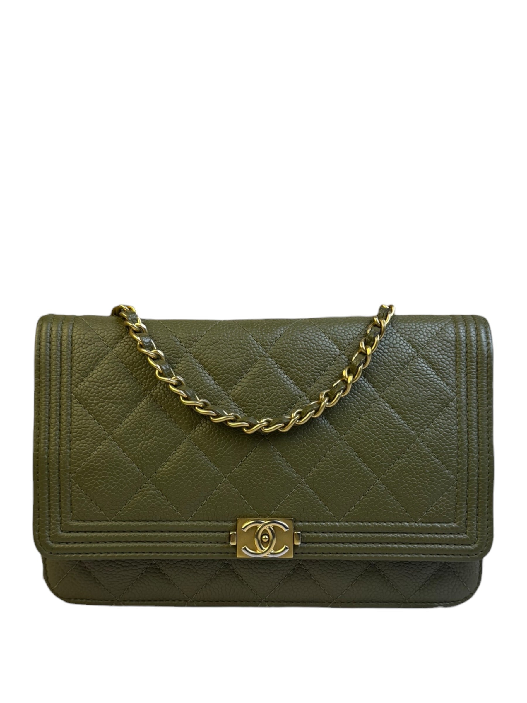 Chanel Olive Green Quilted Caviar Boy Flap Wallet On Chain 2017