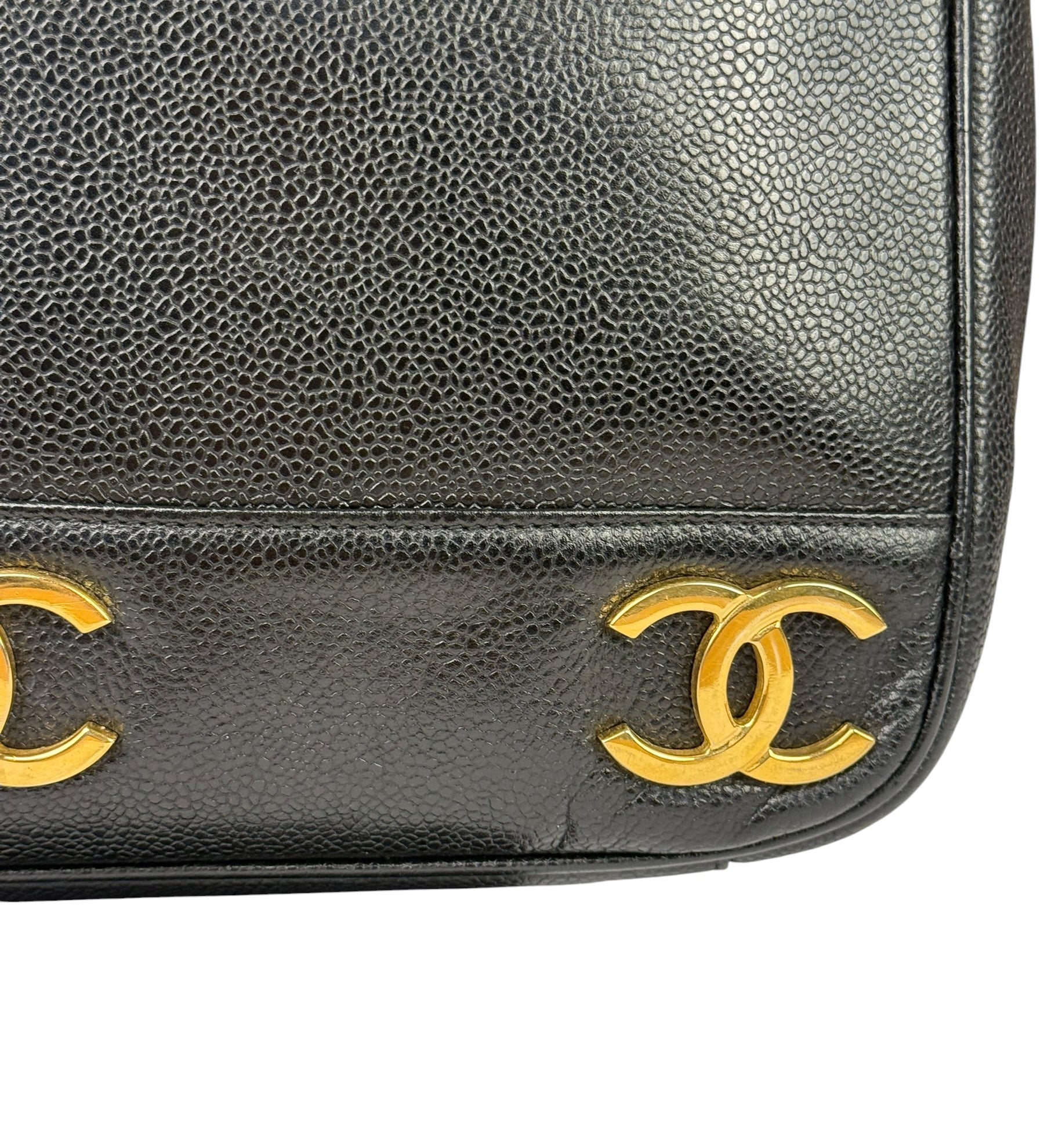 Chanel Vintage Black Caviar Leather Triple CC Chain Tote Bag