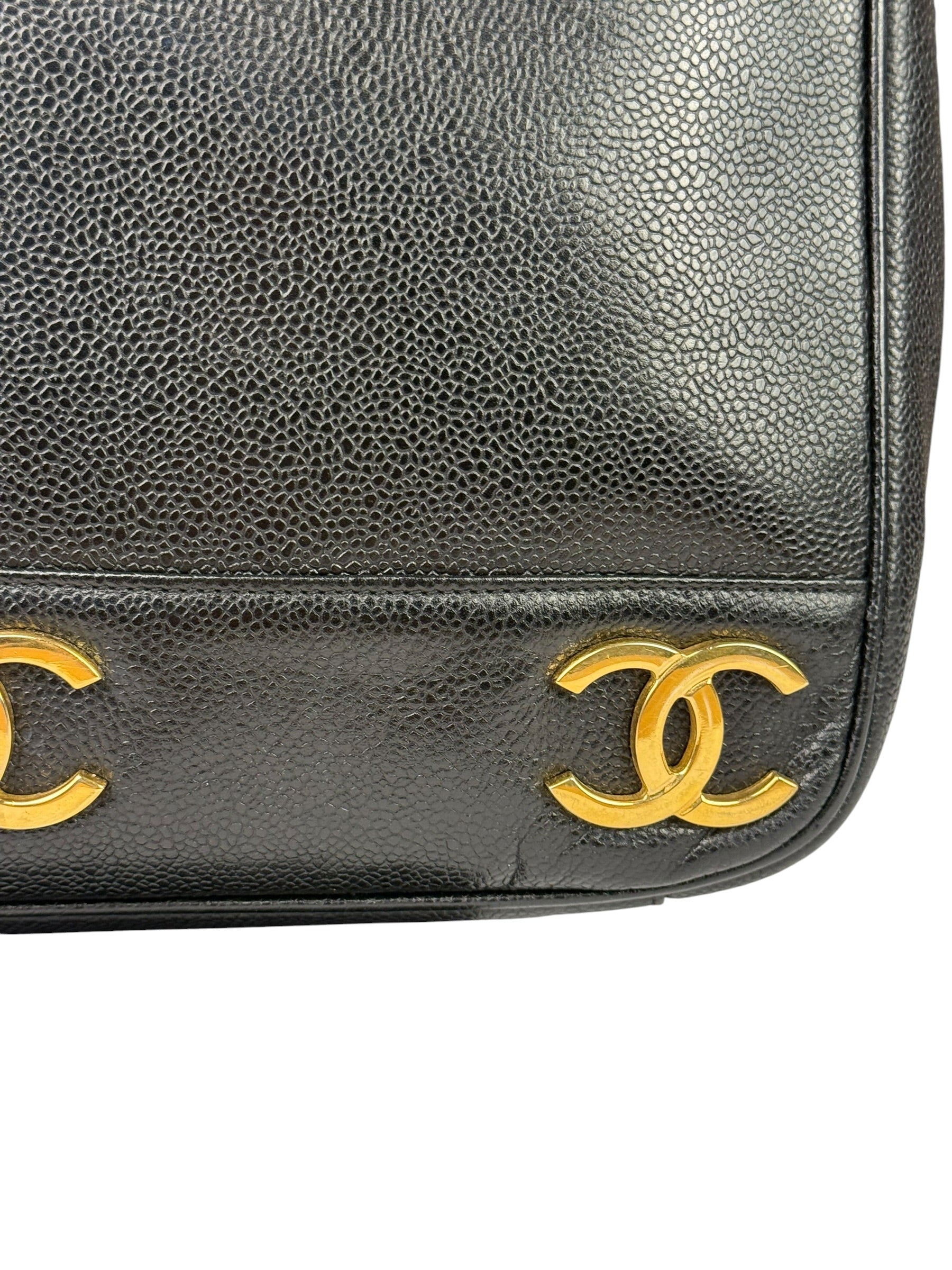 Chanel Vintage Black Caviar Leather Triple CC Chain Tote Bag