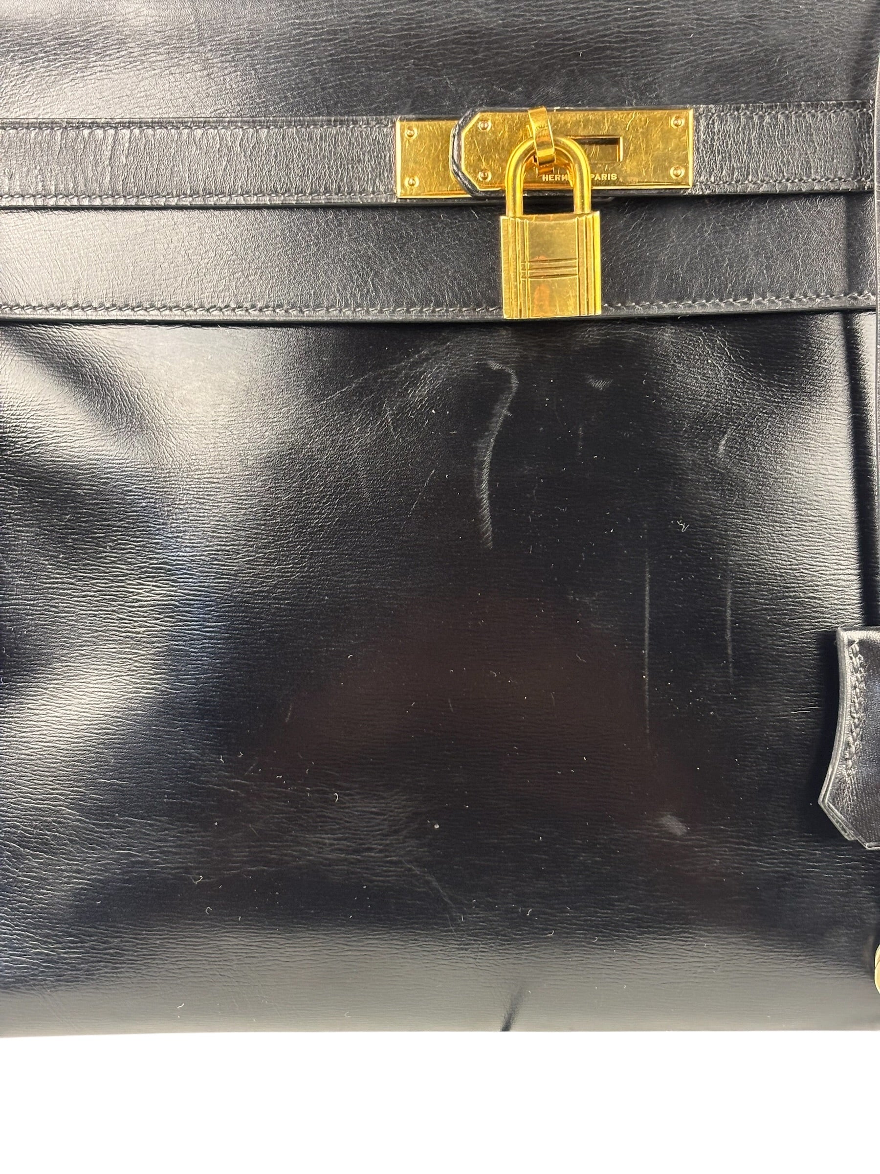 Hermes Black Box Leather Kelly 32 Handbag 1979