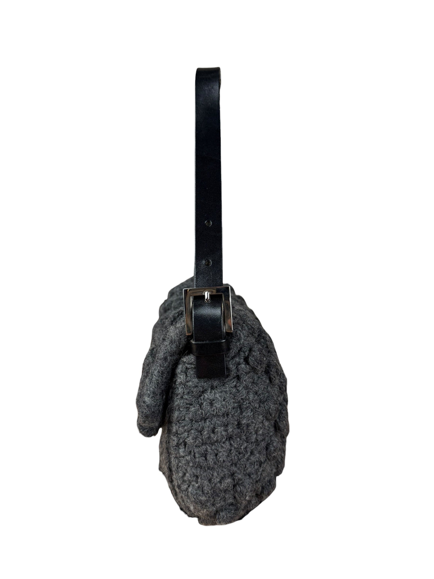 Fendi Grey Wool Crochet FF Baguette Shoulder Bag