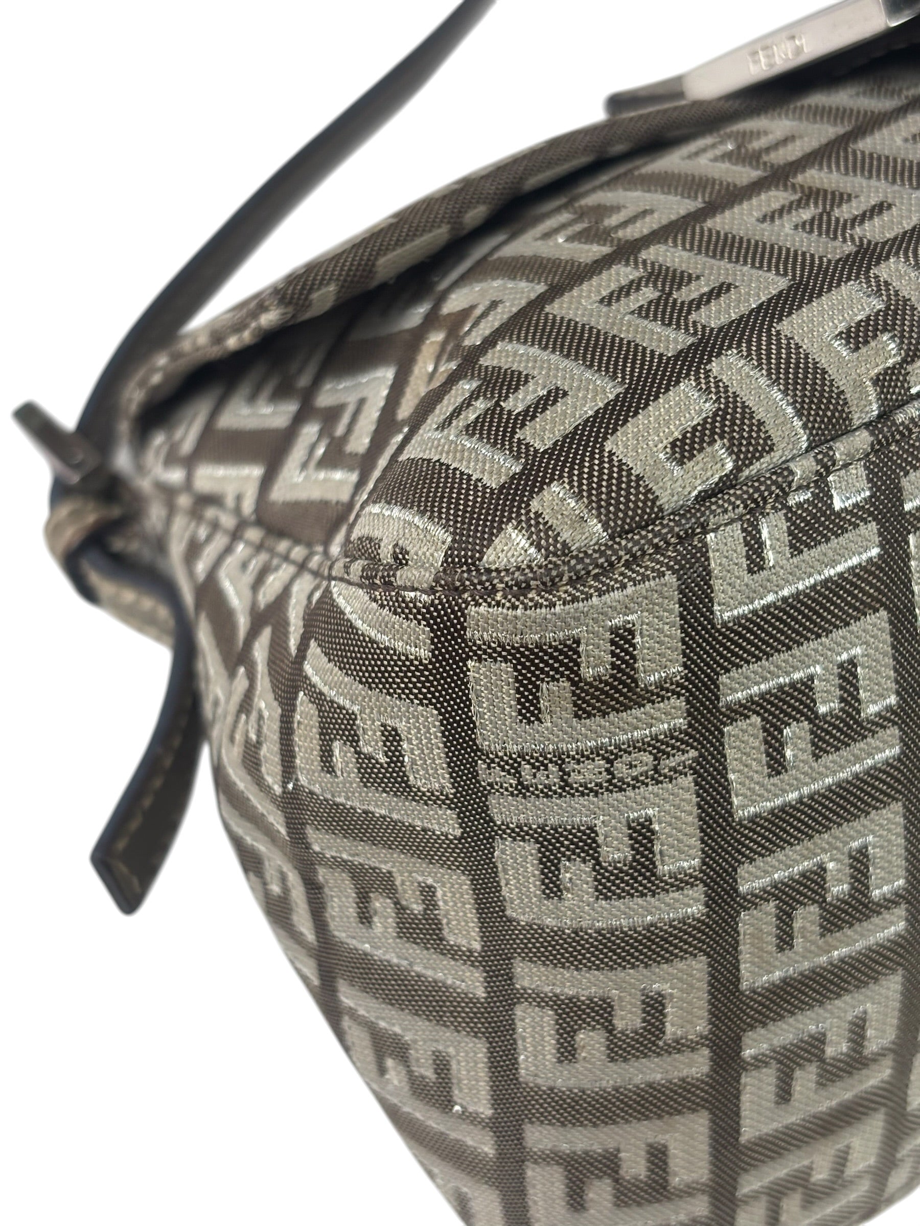Fendi Brown/Metallic Gold Leather Trim Zucca Baguette