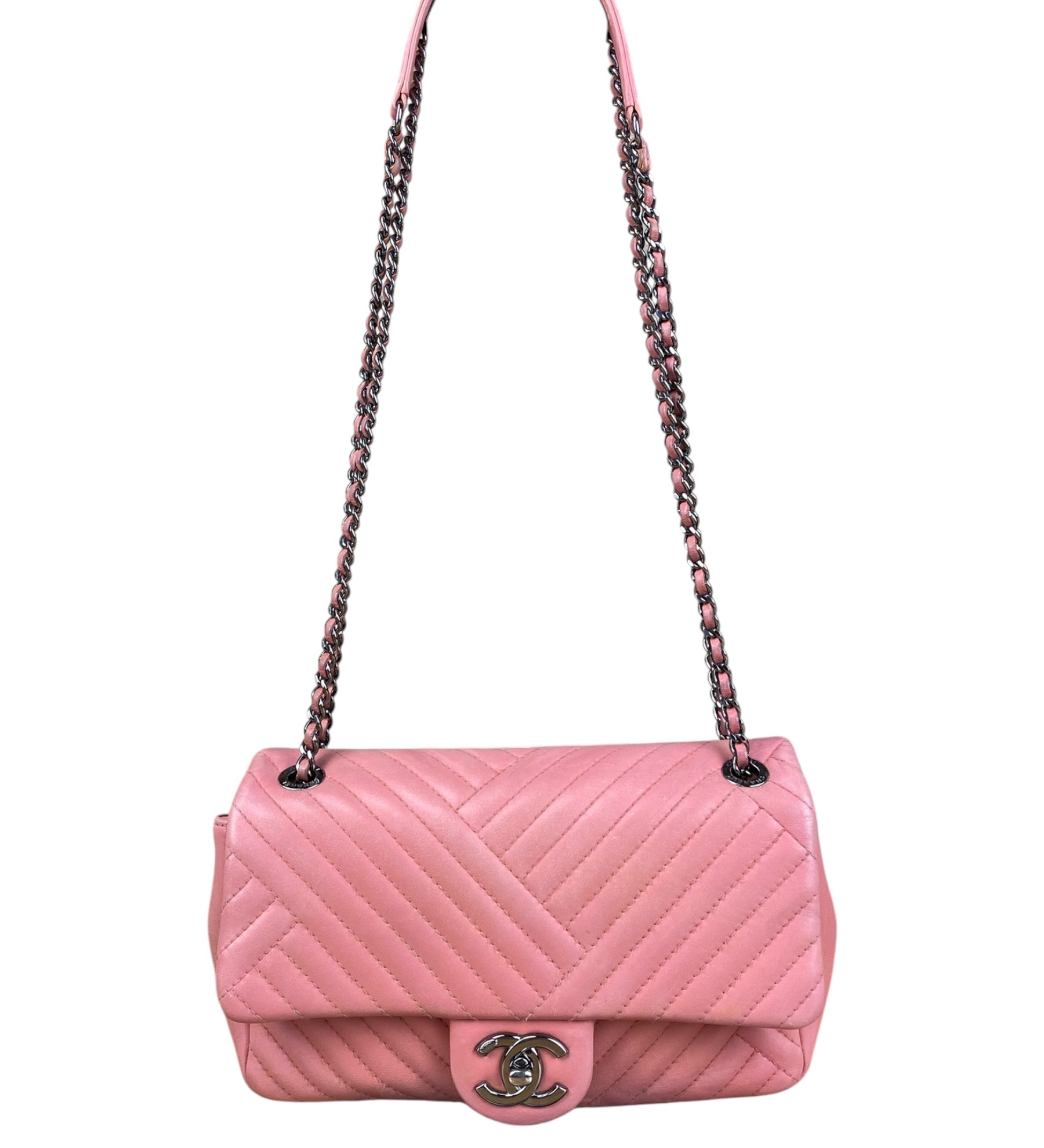 Chanel Pink Chevron Lambskin Flap Bag 2015