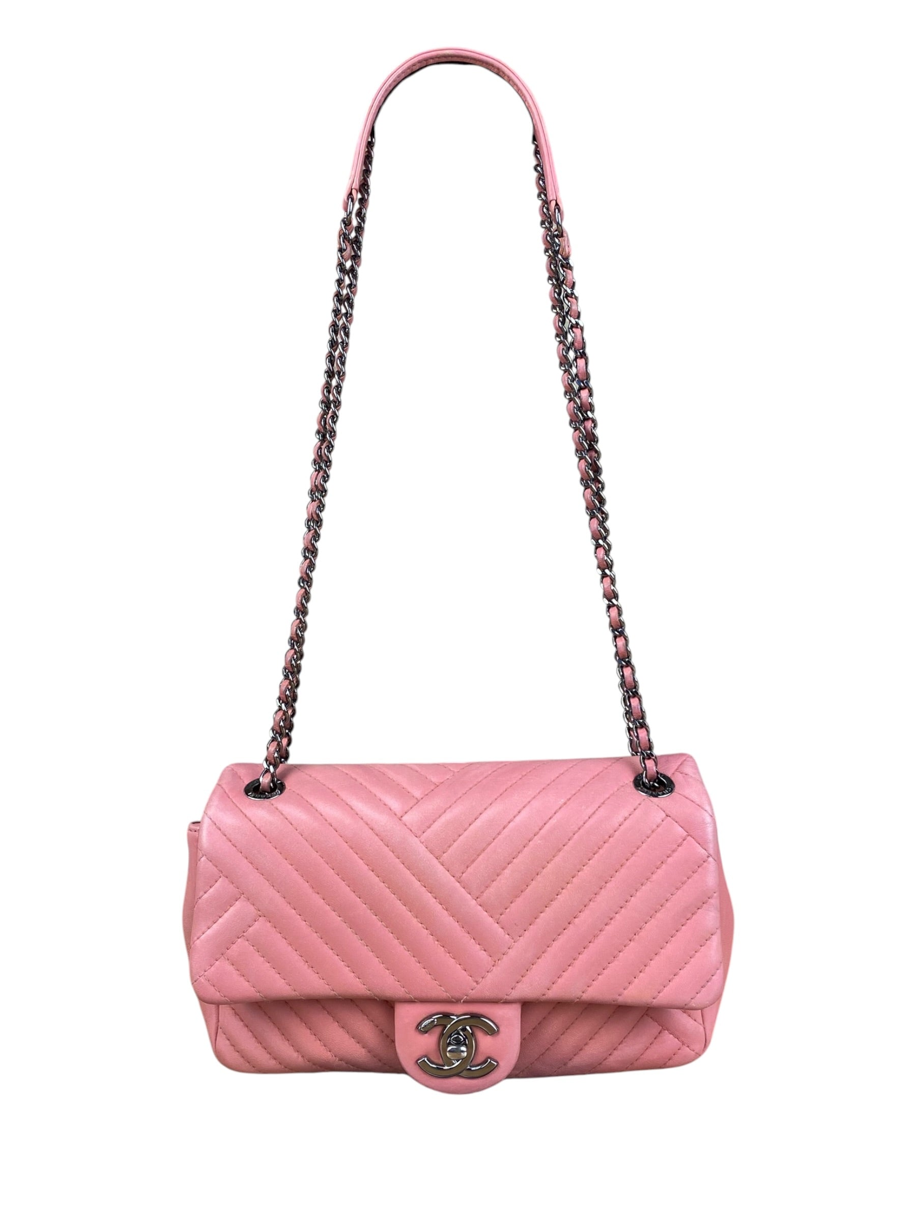 Chanel Pink Chevron Lambskin Flap Bag 2015