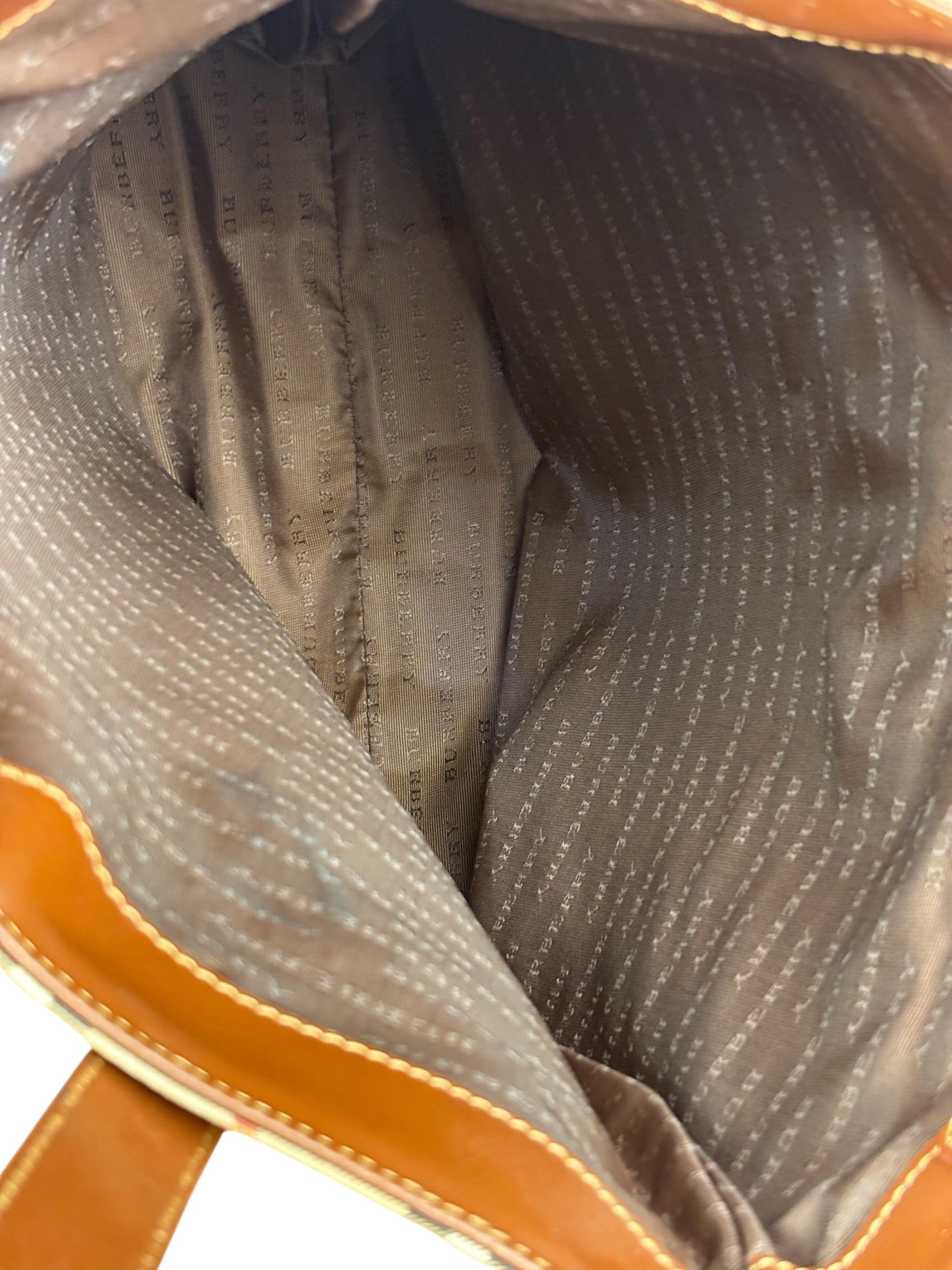 Burberry Vintage Brown Leather  Haymarket Canvas House Check Tote Bag