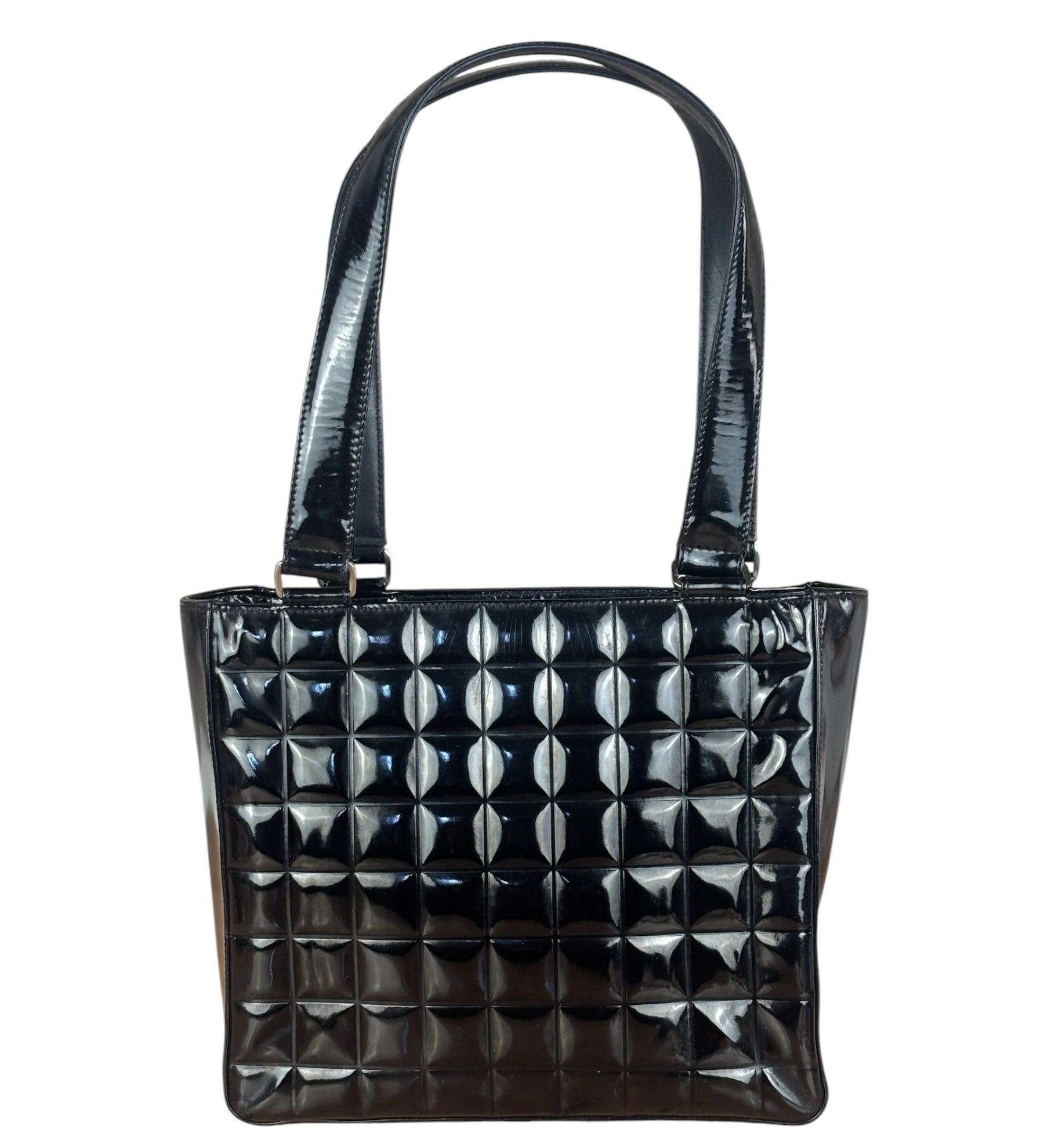 Chanel Vintage Black Patent Leather Chocolate Bar Tote Bag 2002