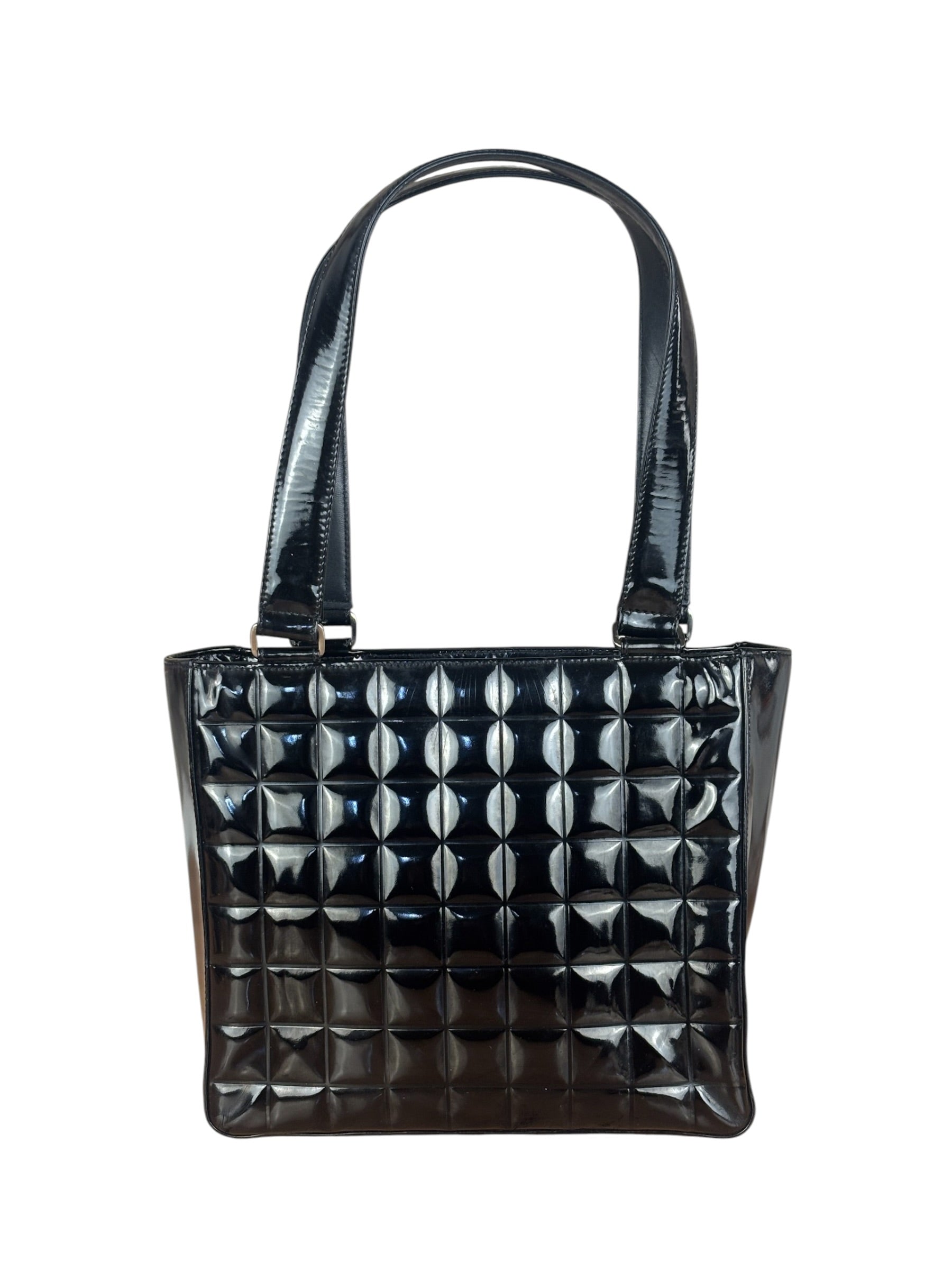 Chanel Vintage Black Patent Leather Chocolate Bar Tote Bag 2002