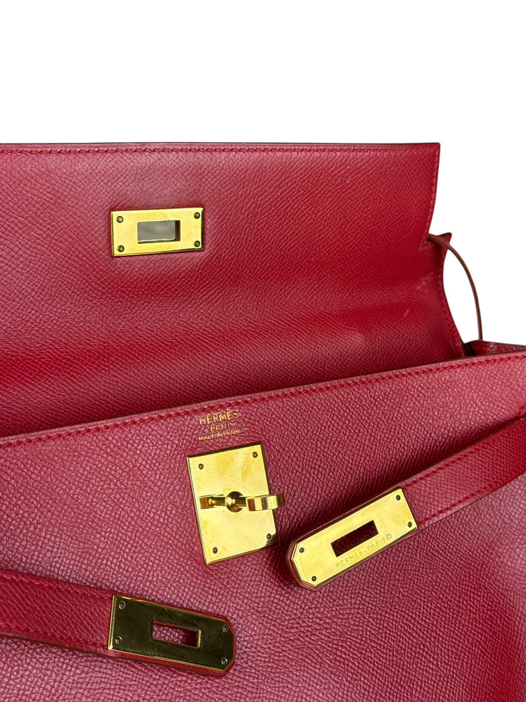Hermes Kelly 32 Courchevel Rouge Vif Gold Handbag 1997