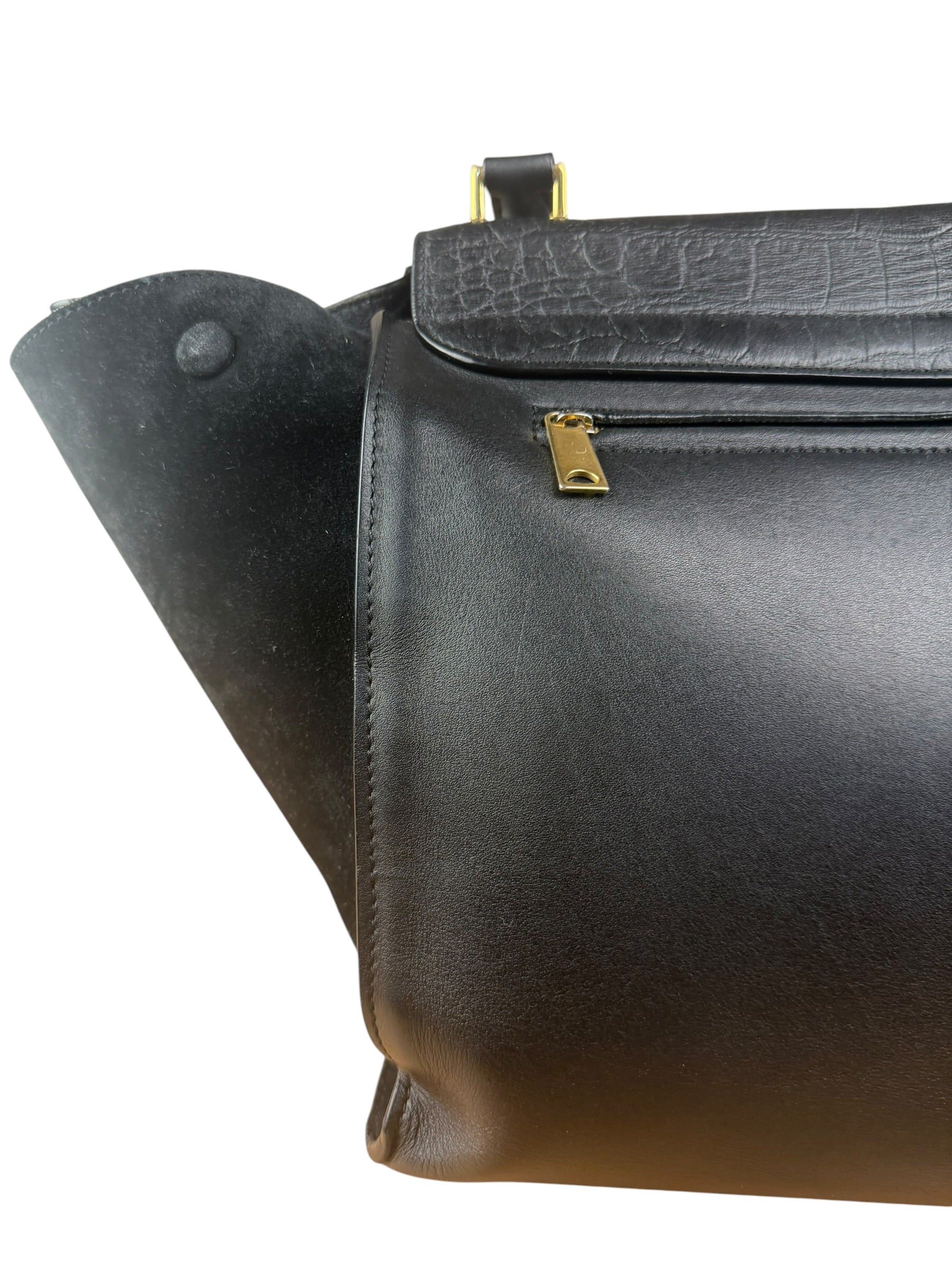 Celine Black Croc- Embossed Leather Trapeze Handbag