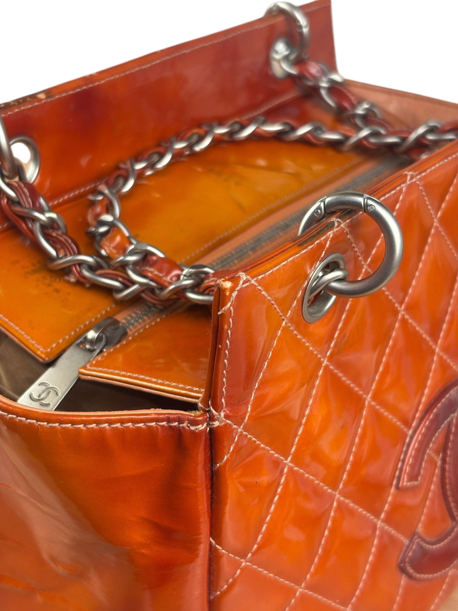 Chanel Vintage Orange Patent Leather Petit Timeless Shopping Tote