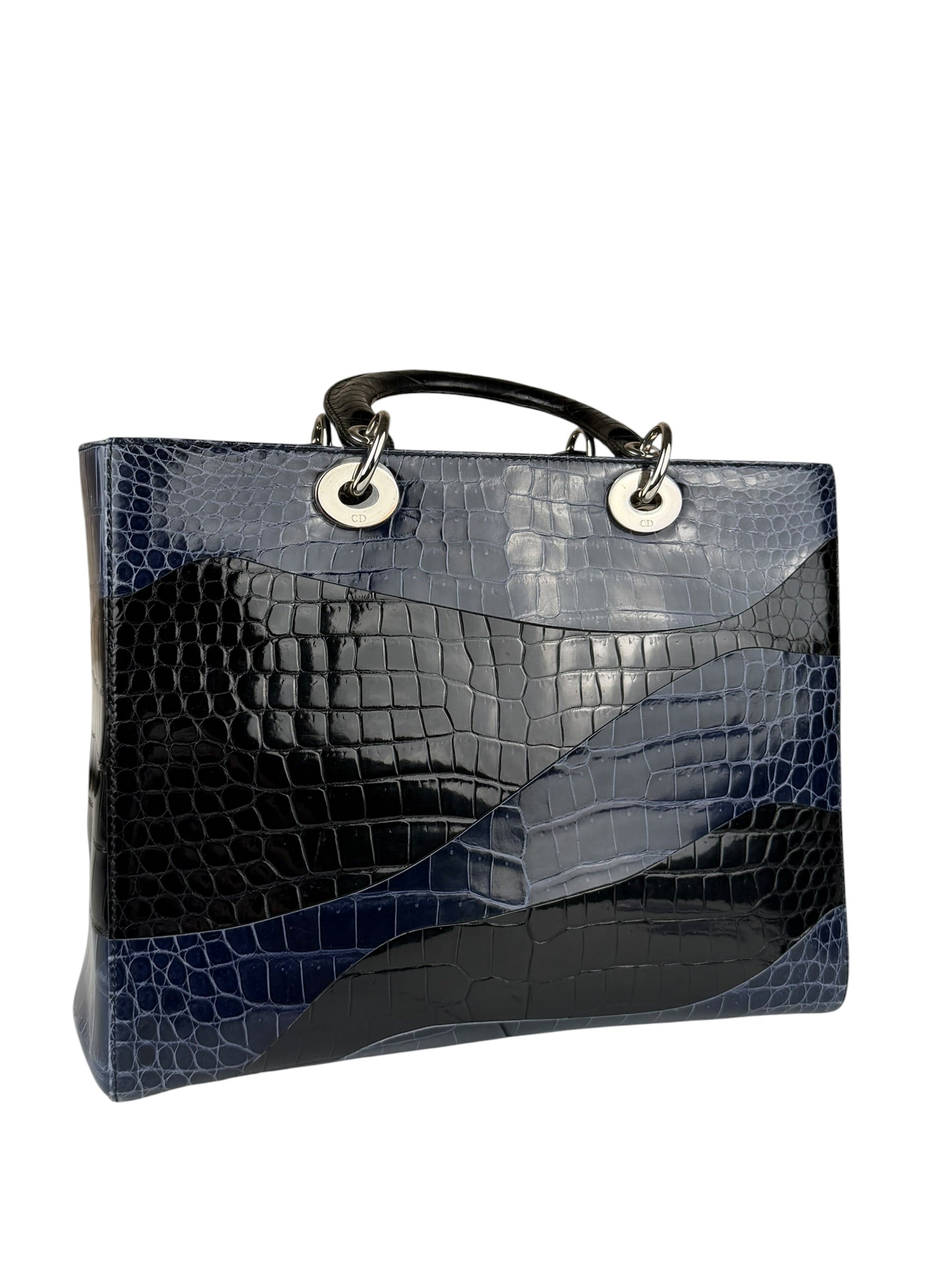 Christian Dior Rare Black/Navy Croc Embossed Lady Dior Handbag