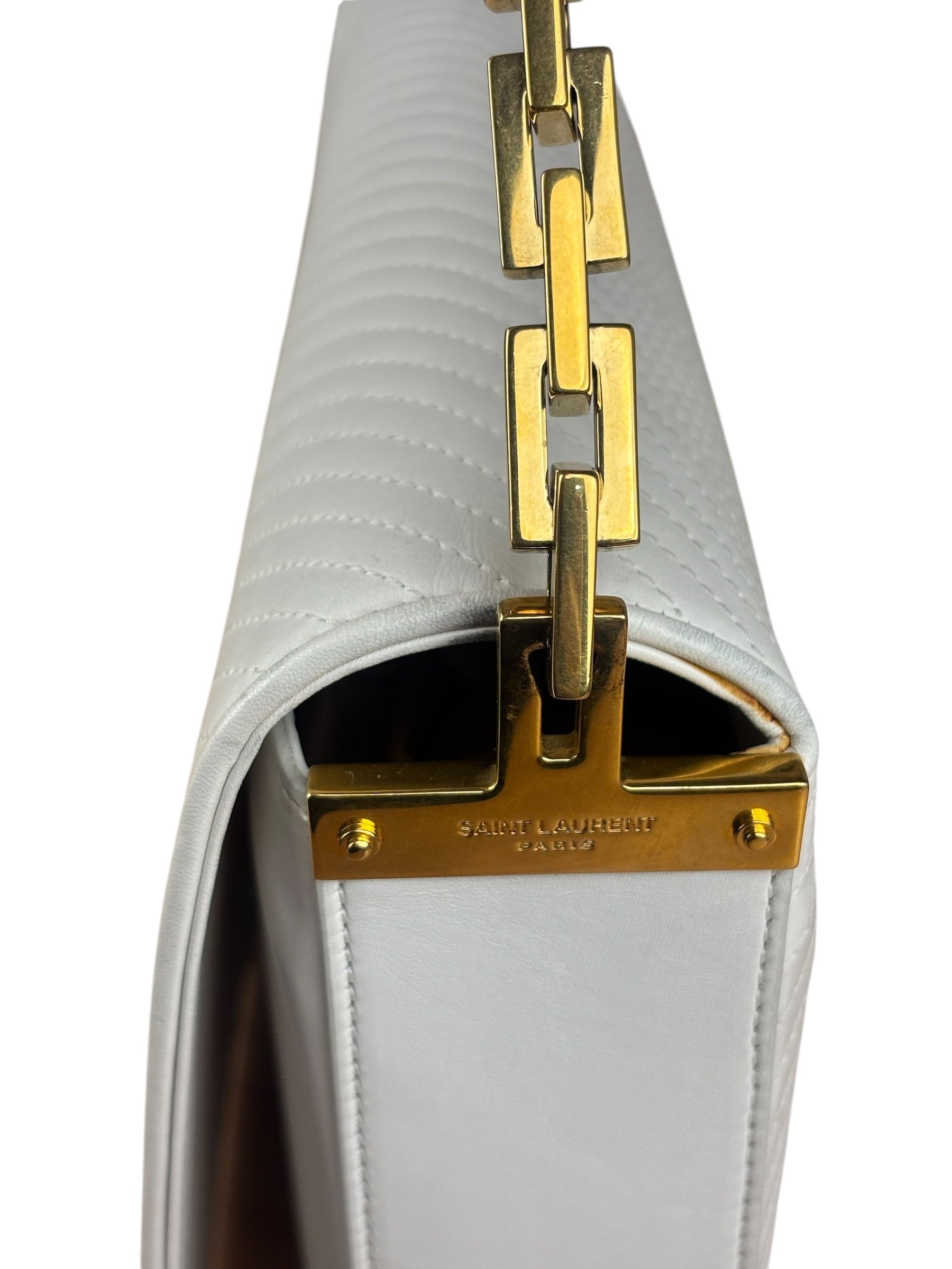 YSL White Chevron Quilted Babylone Chain Flap Shoulder Bag