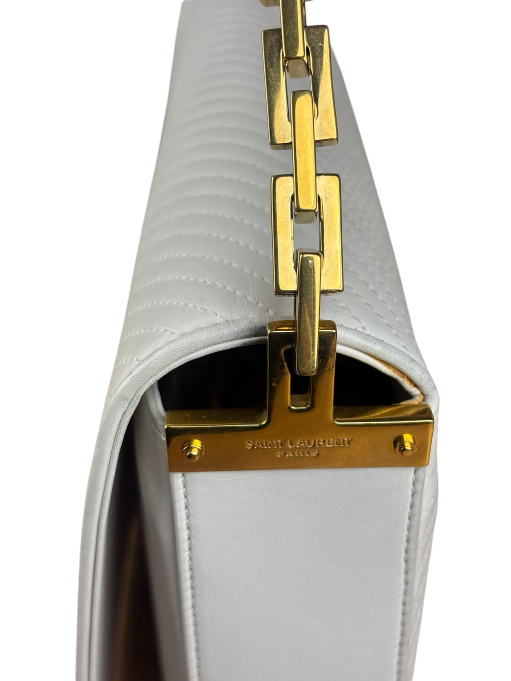 YSL White Chevron Quilted Babylone Chain Flap Shoulder Bag