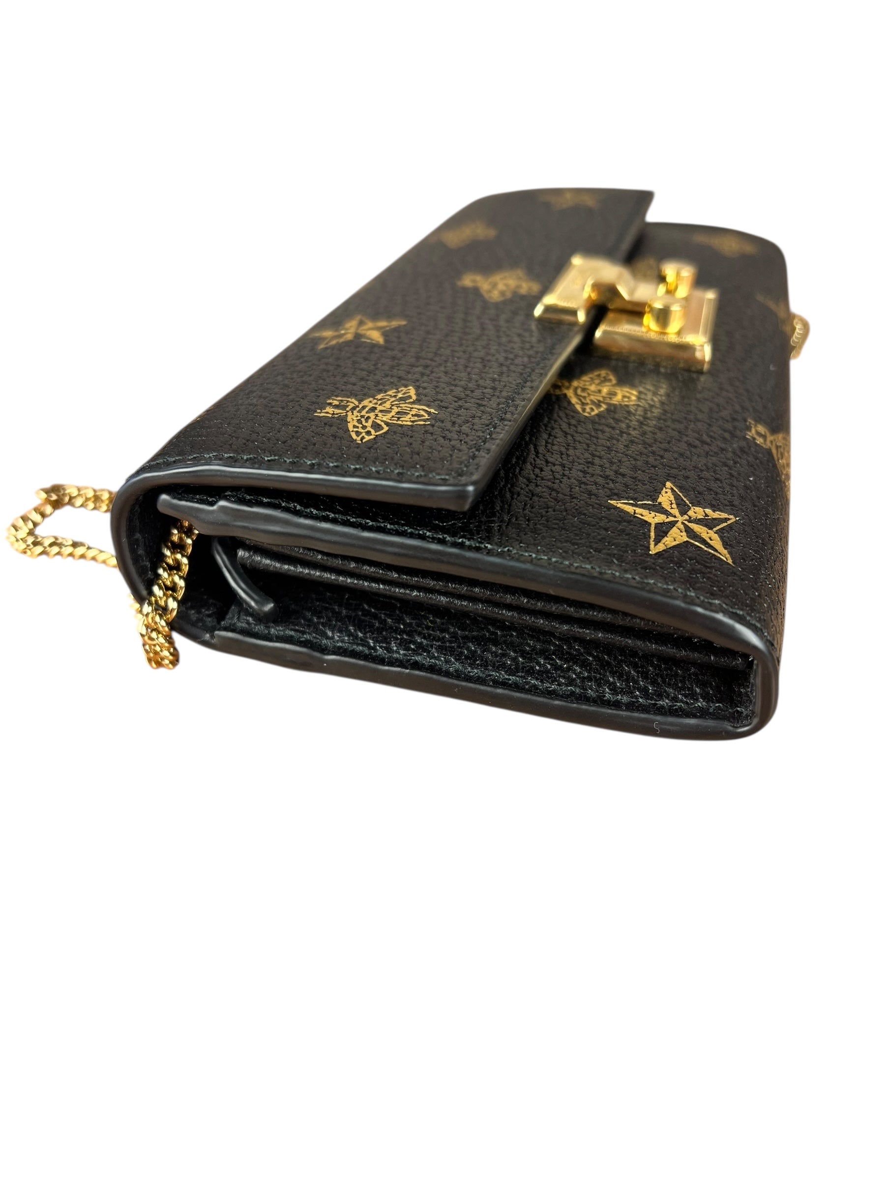 Gucci Leather Bees Padlock Continental Wallet On Chain Black