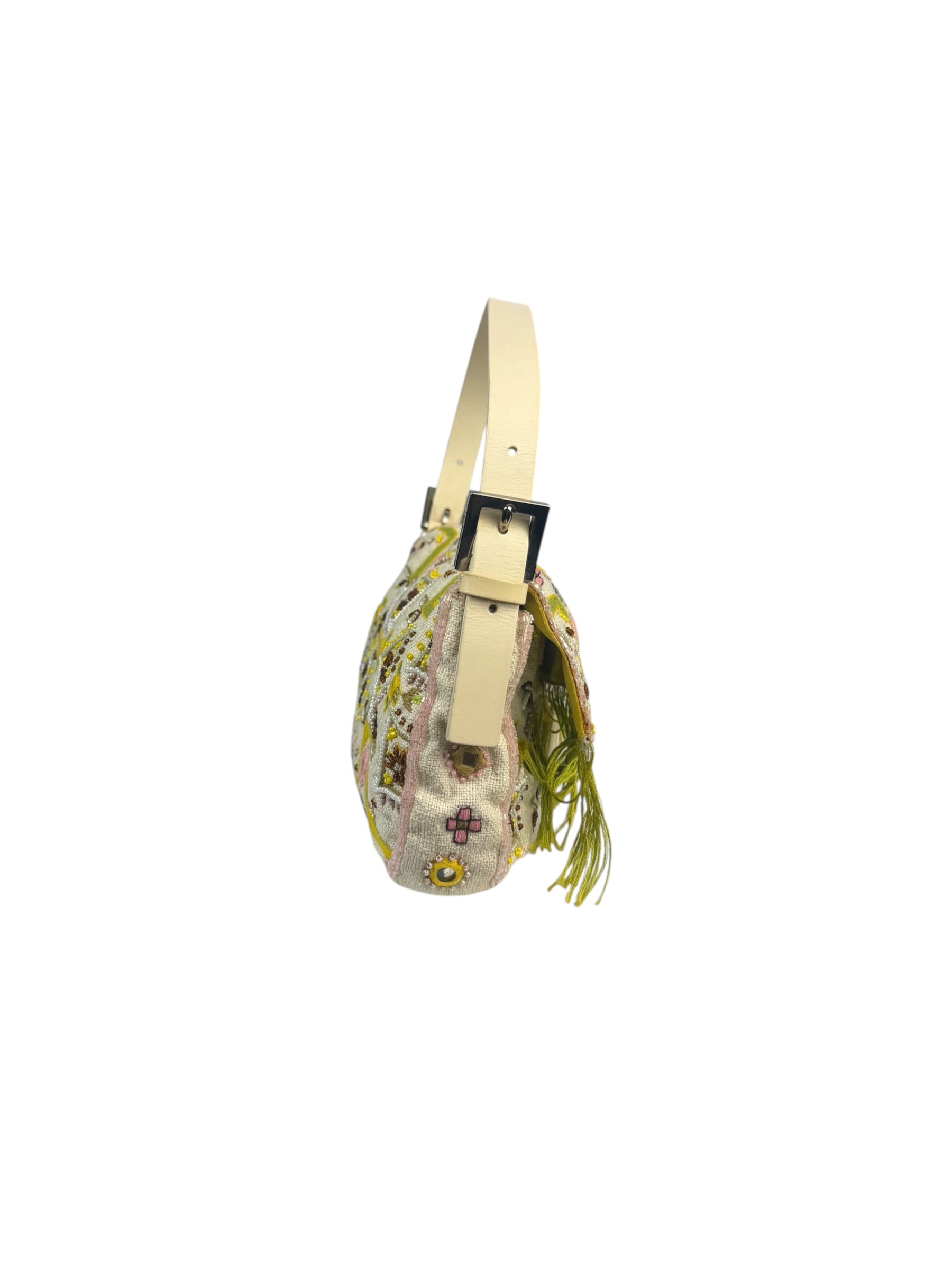 Fendi Cream Leather Trim Beaded Baguette