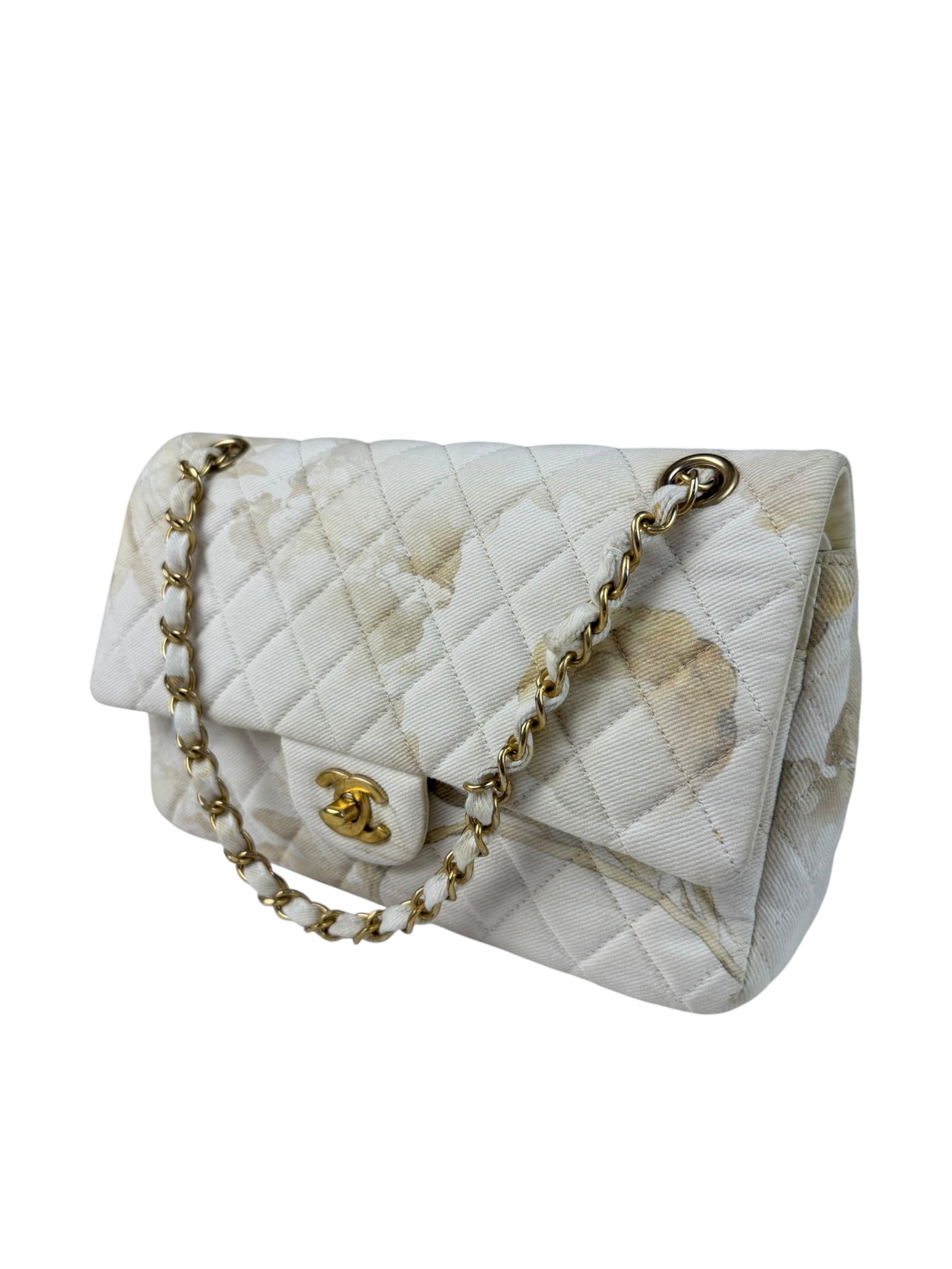 Chanel White Denim/Leather Trim Greek Collection Flower Double Flap Bag 2018