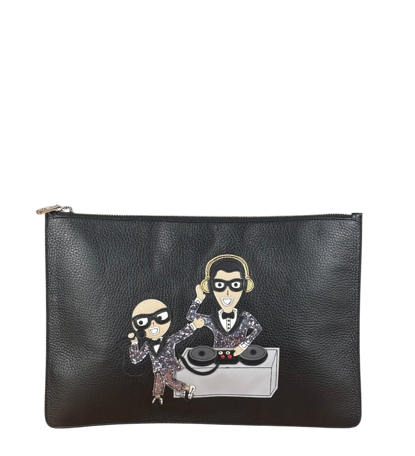 Dolce & Gabbana Black Pebbled Leather DJ Turntable Set Zip Pouch