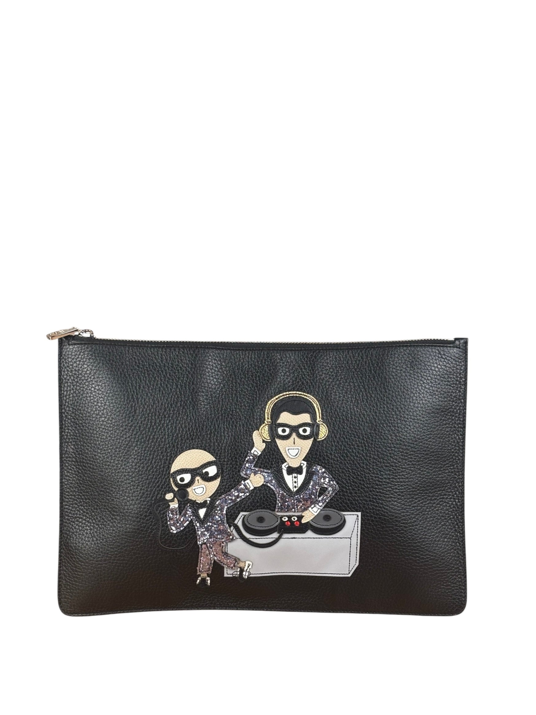 Dolce & Gabbana Black Pebbled Leather DJ Turntable Set Zip Pouch