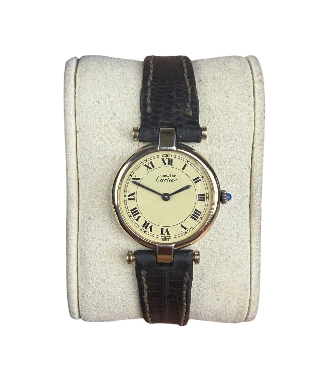 Cartier Must De Vendome Vermeil Cream Roman Dial Brown Strap