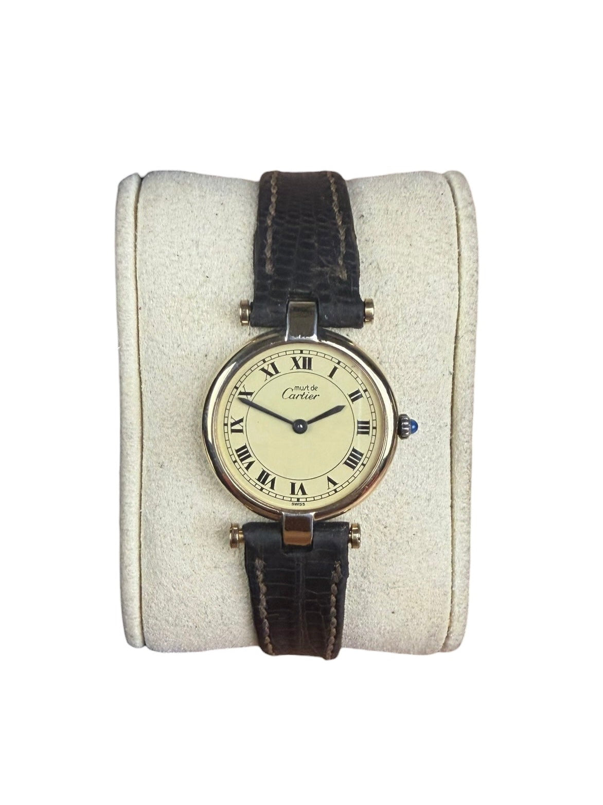 Cartier Must De Vendome Vermeil Cream Roman Dial Brown Strap