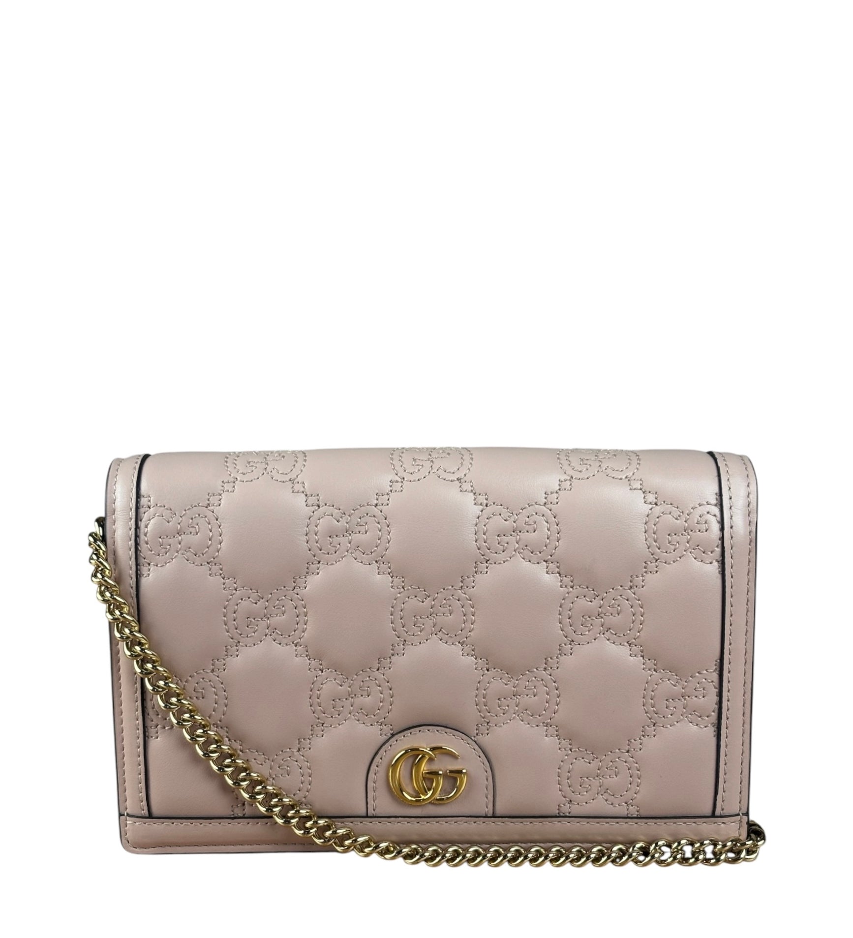 Gucci Light Pink Leather GG Matelasse Chain Wallet