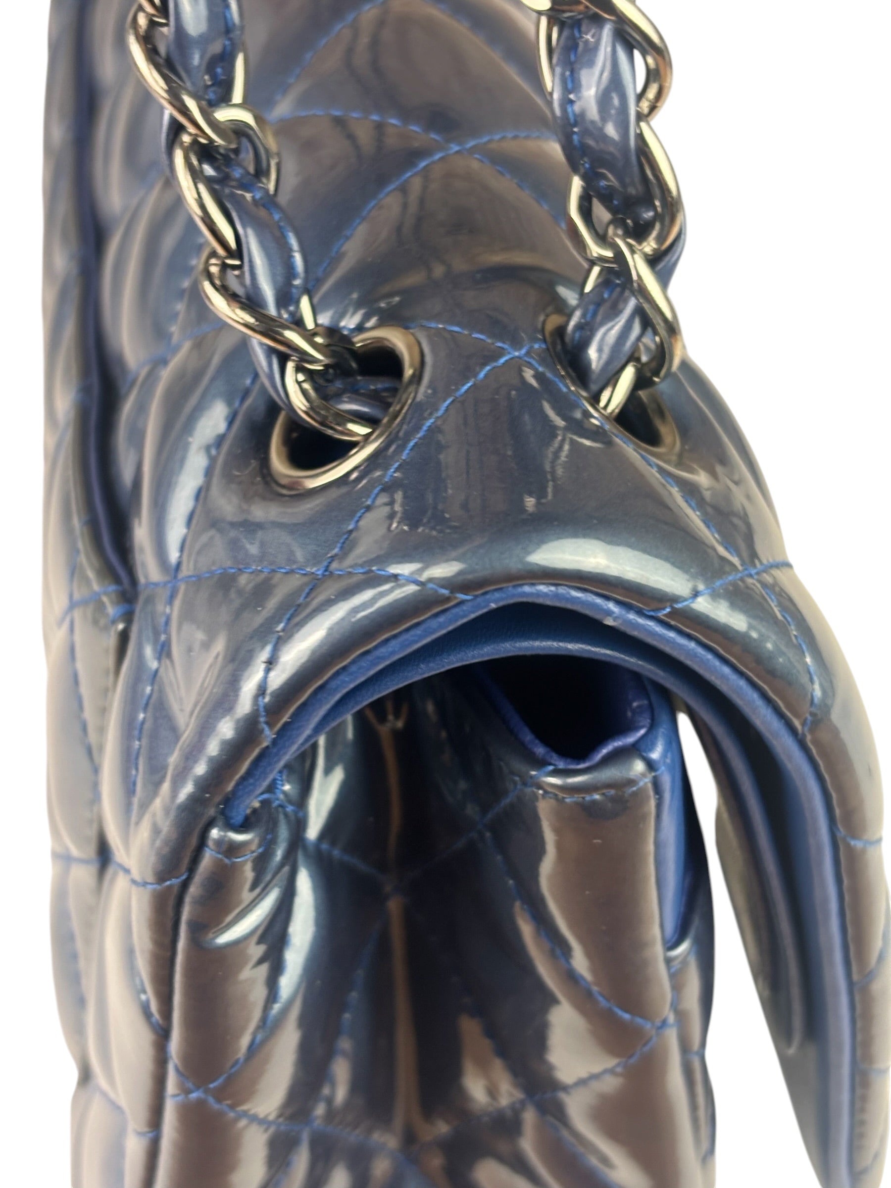 Chanel Perl Glossy Blue Quilted Patent Leather Double Flap Bag 2012