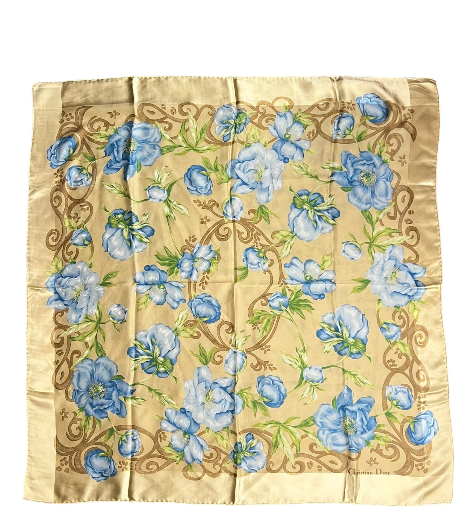 Christian Dior Beige/Blue Floral Silk Scarf